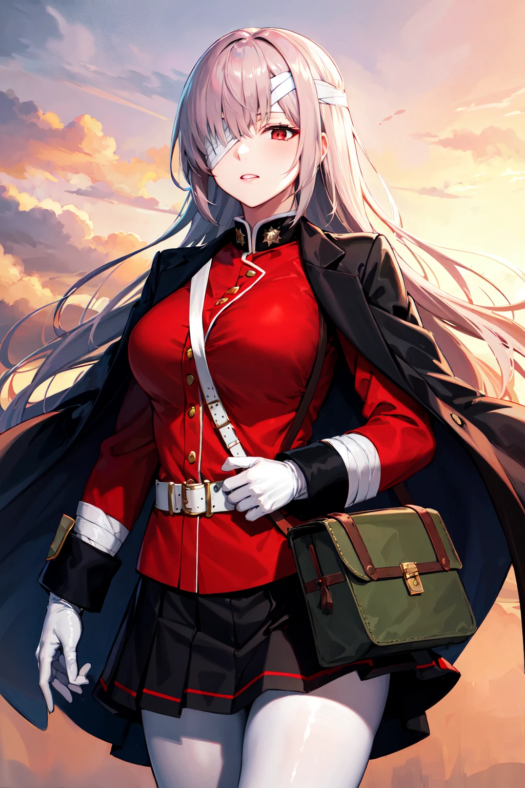 masterpiece, best quality, highres, bbfng, long hair, large breasts, bandage over one eye, black coat, coat on shoulders, military uniform, red jacket, long sleeves, white gloves, belt, pleated skirt, black skirt, white pantyhose, bag, <lora:florence_nightingale_v1:0.7>, cowboy shot, sunset, standing