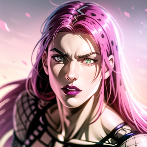 (8k, best quality, masterpiece:1.2), (finely detailed), diavolojojo, solo, araki hirohiko (style), 1boy, green eyes, black lips, pink hair, hair spots, solo, fishnet top, tattoo, masterpiece, best quality, ultra-detailed detailed, detailed digital artwork, hi res, detailed background, photo background, official art,extremely detailed CG unity 8k wallpaper, perfect lighting,Colorful, Bright_Front_face_Lighting,shiny skin, (masterpiece:1.0),(best_quality:1.0), <lora:diavolo-7:1>