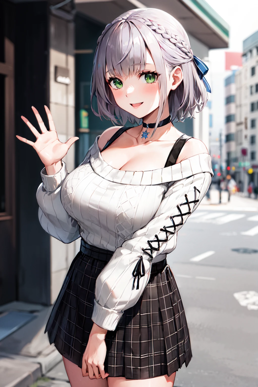 masterpiece, best quality, highres, ccnoel, short hair, french braid, hair ribbon, green eyes, black choker, collarbone, cleavage, off-shoulder sweater, white sweater, plaid skirt, <lora:shirogane_noel_v1:0.8>, street, cowboy shot, standing, waving, smile