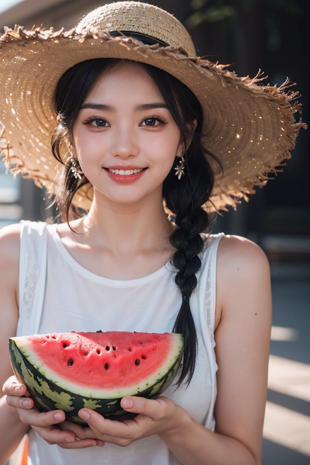 <lora:FaceSizeAdjuster:1.5>,1girl,(face focus:1.3),(happy,smile,teeth:1.2),
1girl, (watermelon:1.2), solo, hat, fruit, straw hat, food, striped, braid, holding, twin braids, looking at viewer, overalls, holding food, blurry background, black hair, striped shirt, blurry, holding fruit, upper body, shirt, black eyes, tank top, bangs, twintails, long hair, teeth, realistic, sun hat
black hair,pink_background,sweet atmosphere,love,
(PureErosFace_V1:0.8),(ulzzang-6500:0.3),(red lipstick:0.8),(detailed pupils:1.3),(aegyo sal:1),((puffy eyes)),
(film_grain:1.4),RAW,highres,(1 girl,solo:1.6),(detailed face:1.2),(gorgeous beautiful cute Korean woman:1.3),(kpop idol, korean beauty, korean mixed),(small head),((perfect eyes)),((perfect face)),(details:1.4),(high detailed skin:1.2),
(extremely detailed CG unity 8k wallpaper),photo of the most beautiful artwork in the world,trending on ArtStation,trending on CGSociety,Intricate,High Detail,Sharp focus,dramatic,
volumetric lighting,rim lighting,two tone lighting,cinematiclighting,rim lighting,light particles,sunlight,