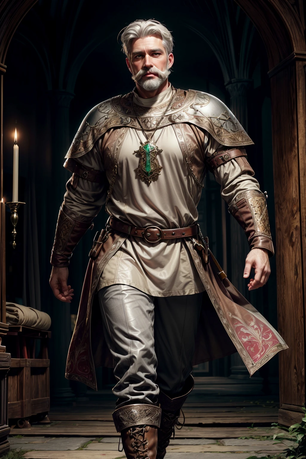 simple background, A 35 year old male, white hair, white mustache with a short white beard. strong, ((grey medieval tunic)), brown loose medieval leather pants, adventure boots. Renaissance clothing, Stern look, green eyes, wearing an emerald on a small chain around his neck, cowboy shot <lora:wowifierV3:0.6> <lora:more_details:0.7>, holy magic around him, vamptech, <lora:VampiricTech:0.7>