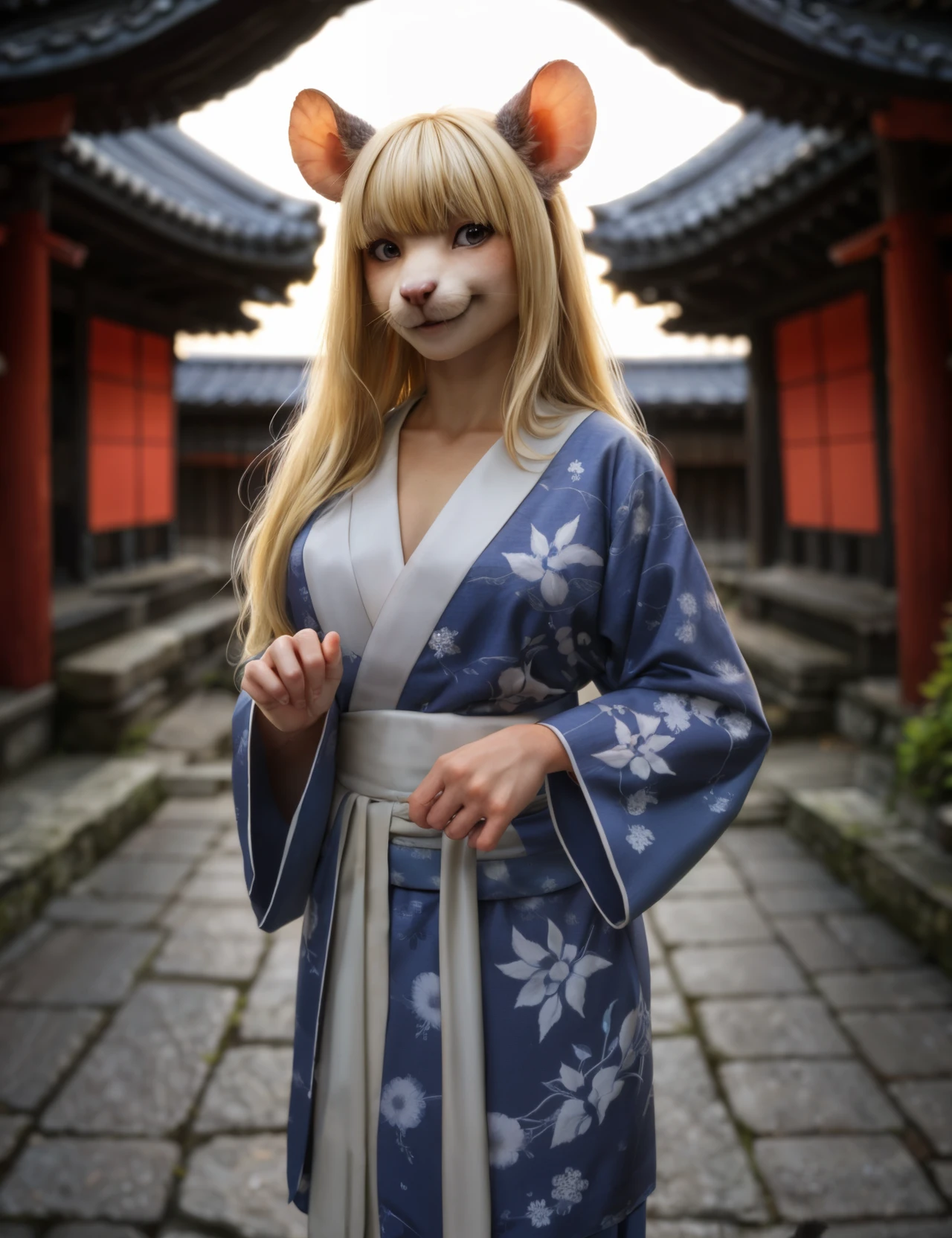 Female, 19 years old, Japanese, traditional red yukata, SFW, (anthro), Rat, rat ears, (grey fur:1.2), standing elegantly for a photo, looking at viewer, polite smile, long blonde hair, fringe,
BREAK, 8k, hi res, Shinto shrine background, sun shafts,