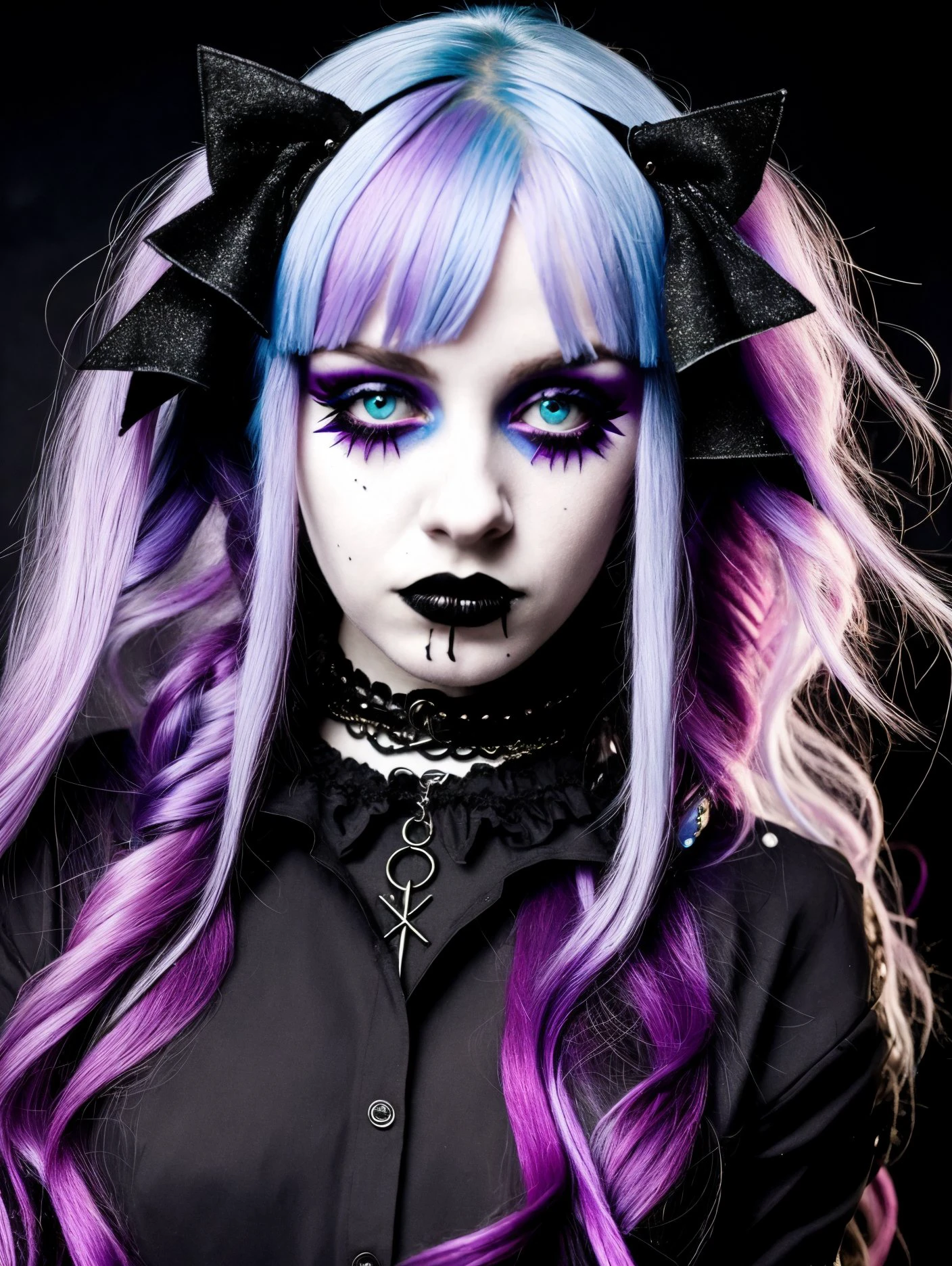 awardwinning photograph, young_goth_woman, goth outfit, Hypnotic Light hair