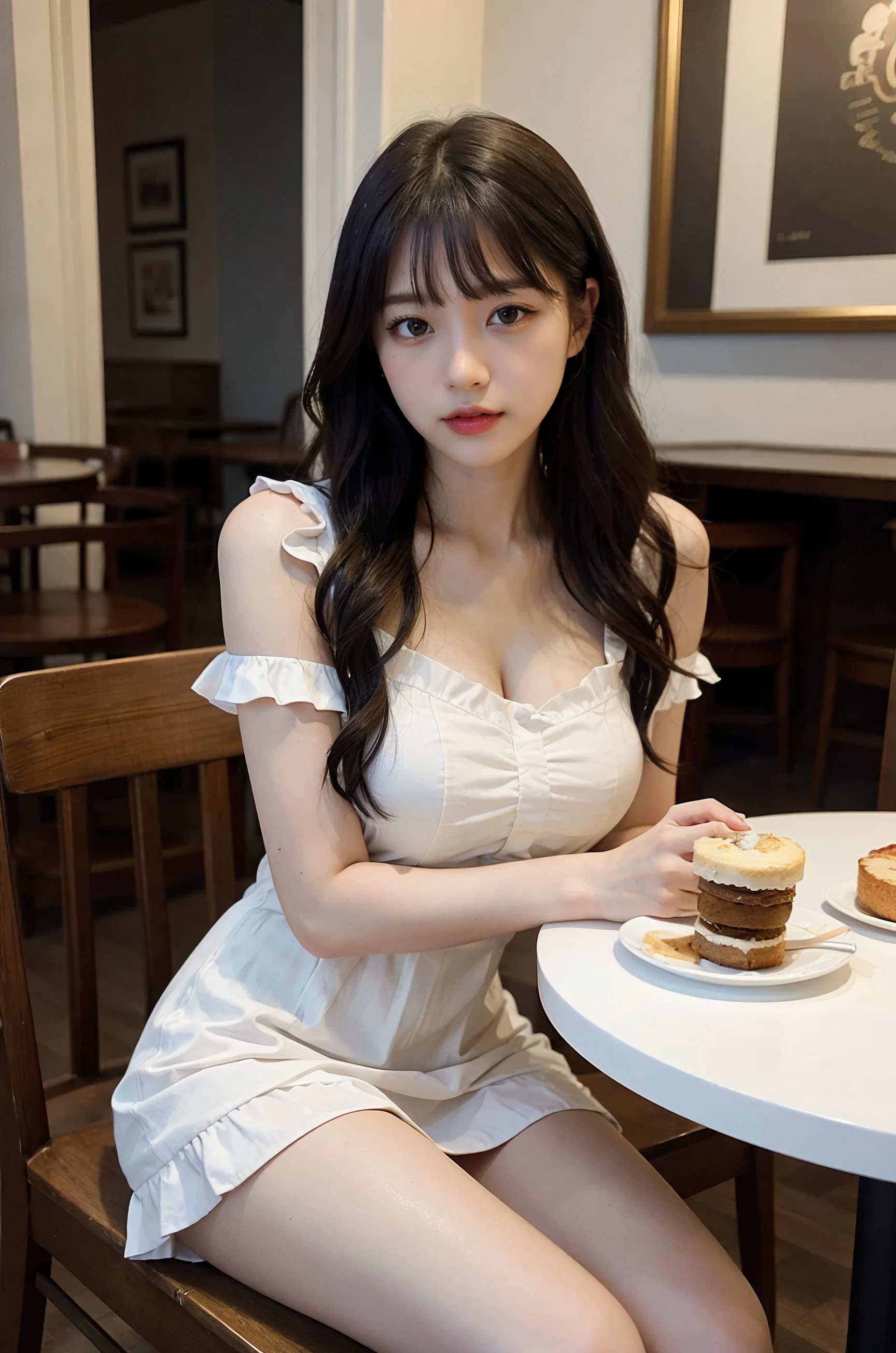 (best quality), (realistic, photo-realistic:1.3), masterpiece:1.2, extremely detailed, CG, unity, 8k, amazing, finely detail, ultra-detailed, highres, absurdres, ((Cinematic light)), (((long hair, curly, bangs))), beautiful detailed girl, detailed fingers, best shadow, extremely detailed eyes, beautiful detailed nose, beautiful detailed face, beautiful delicate glossy lips:0.9, beautiful delicate glossy body:0.9, (closed mouth:1.2), 1girl, ((thigh:1.4)), cute, solo, ((innocent face)), (semi smile:1.2), young, sexy body, (long white stockings), (cafe), (sitting in a chair), (hands on the table), (Coffee and cake on the table), ((oily body skin:0.6)), ((Patchwork Vintage Ruffle Sweet Mini Dresss)), (medium breasts), realistic face, realistic body, Film Grain:0.3, Ray tracing:0.6, Dynamic Range:0.3, median:0.4