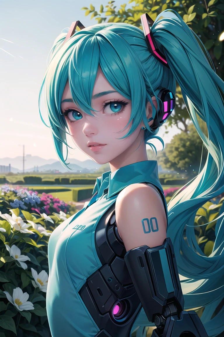 (masterpiece, best quality:1.4), high detail, detailed background,dramatic lighting, 1girl, cute, (vocaloid), ((Hatsune Miku)), ((blue teal hair)), (long hair), (pastel colors:0.9), (blue beautiful eyes), (gradient hair), (gradient eyes), (((masterpiece, best quality, volumetric lighting, dynamic pose, intricately detailed face))), ((perfect eyes)), (((looking at the viewer))), ((summer)), ((perfect details)), ((light particles)), ((scenery)), ((Garden)), ((illustration, aesthetic)), flowers covering one eye, ((robotic dress)),<lora:more_details:0.3> ,<lyco:GoodHands-beta2:1.0>,