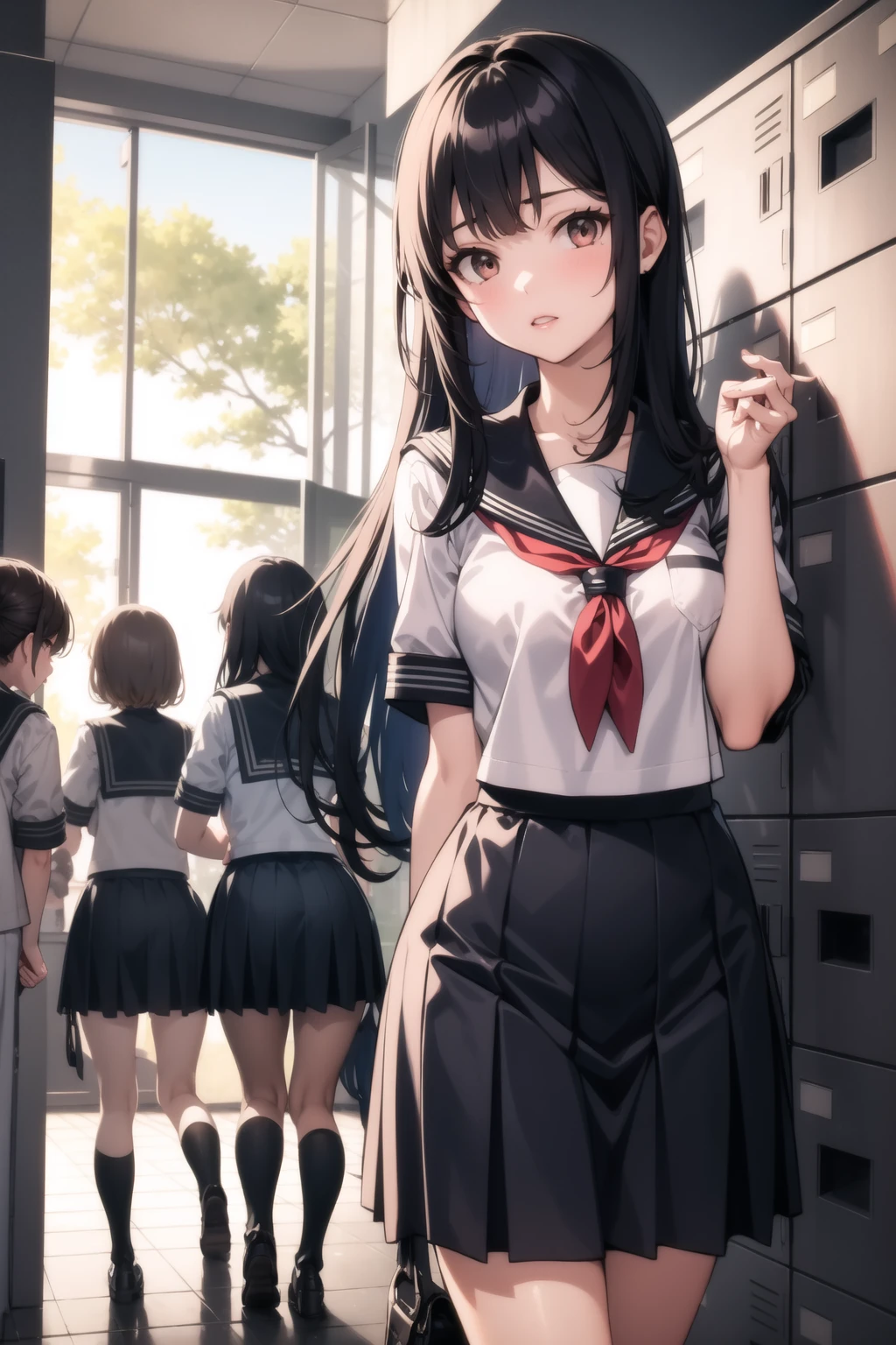 <lora:school_lockers_v0.5:1>
multiple girls, 6+girls, lockers, school uniform, blue sailor collar, red neckerchief,, masterpiece, best quality, highly detailed