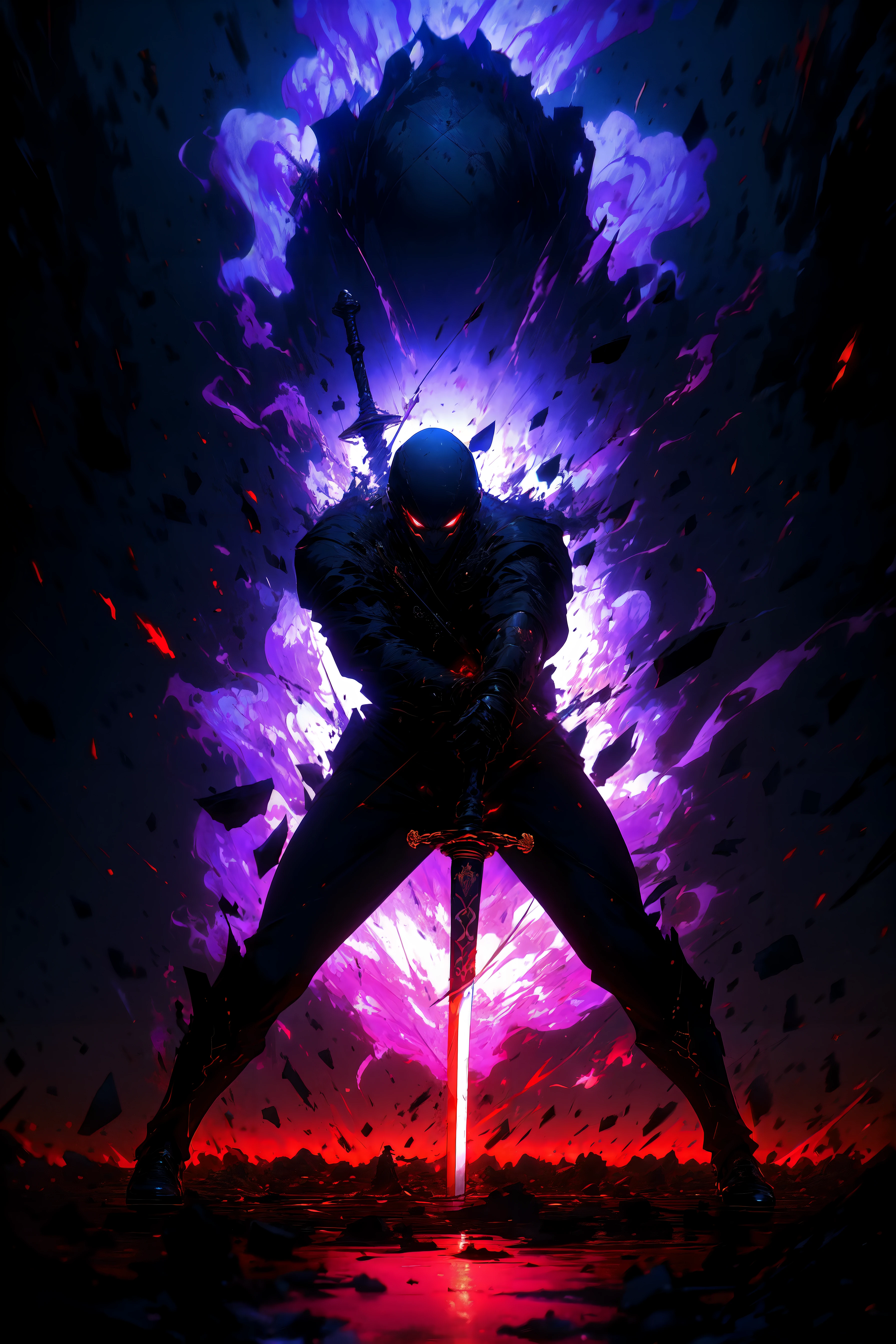 masterpiece, best quality, ultra high res, beautiful, visually stunning, elegant, incredible details, award-winning painting, (dark art:1.1), deep shadow, (dark theme:1.2), <lora:r1ge - AnimeRage-000011:1>, r1ge, angry, glowing, aura, flying debris, flying fragments, 1boy, muscular male, sword, planted sword, mask,