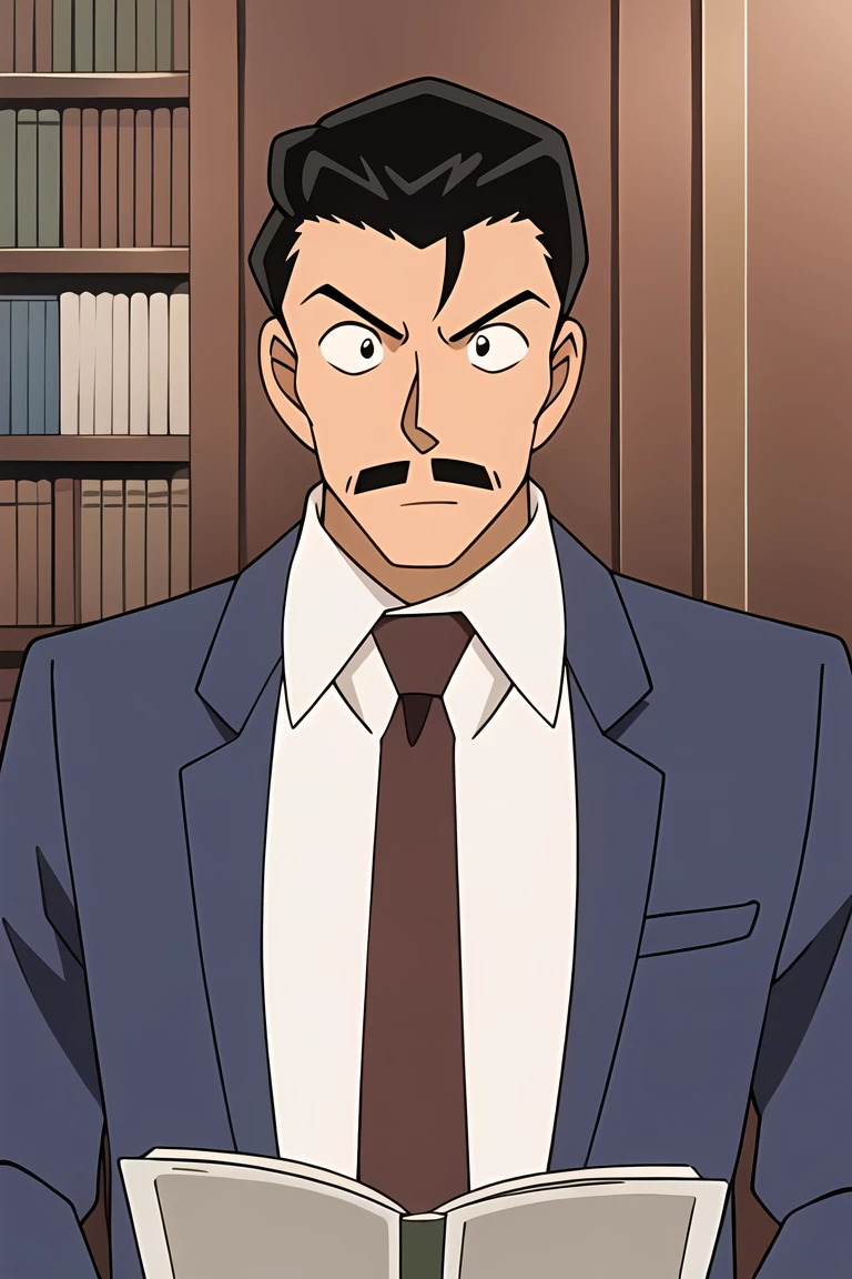 ((masterpiece)),((best quality)),ultra-detailed,illustratio,wallpaper,ultra highres,4K,photography,1boy, male focus, bookshelf, necktie, solo, mustache, black hair, formal, shirt, black eyes, suit, white shirt, short hair, indoors, looking at viewer, collared shirt, book, jacket, blue jacket, shelf, upper body, office, table, library, long sleeves, thick eyebrows, parody, couch, clenched hand, red necktie, sitting, cup, black necktie, brown necktie, wide-eyed,official style,anime screencap,meitantei conan,amusement park,<lora:Mouri Kogorou2:0.7>,