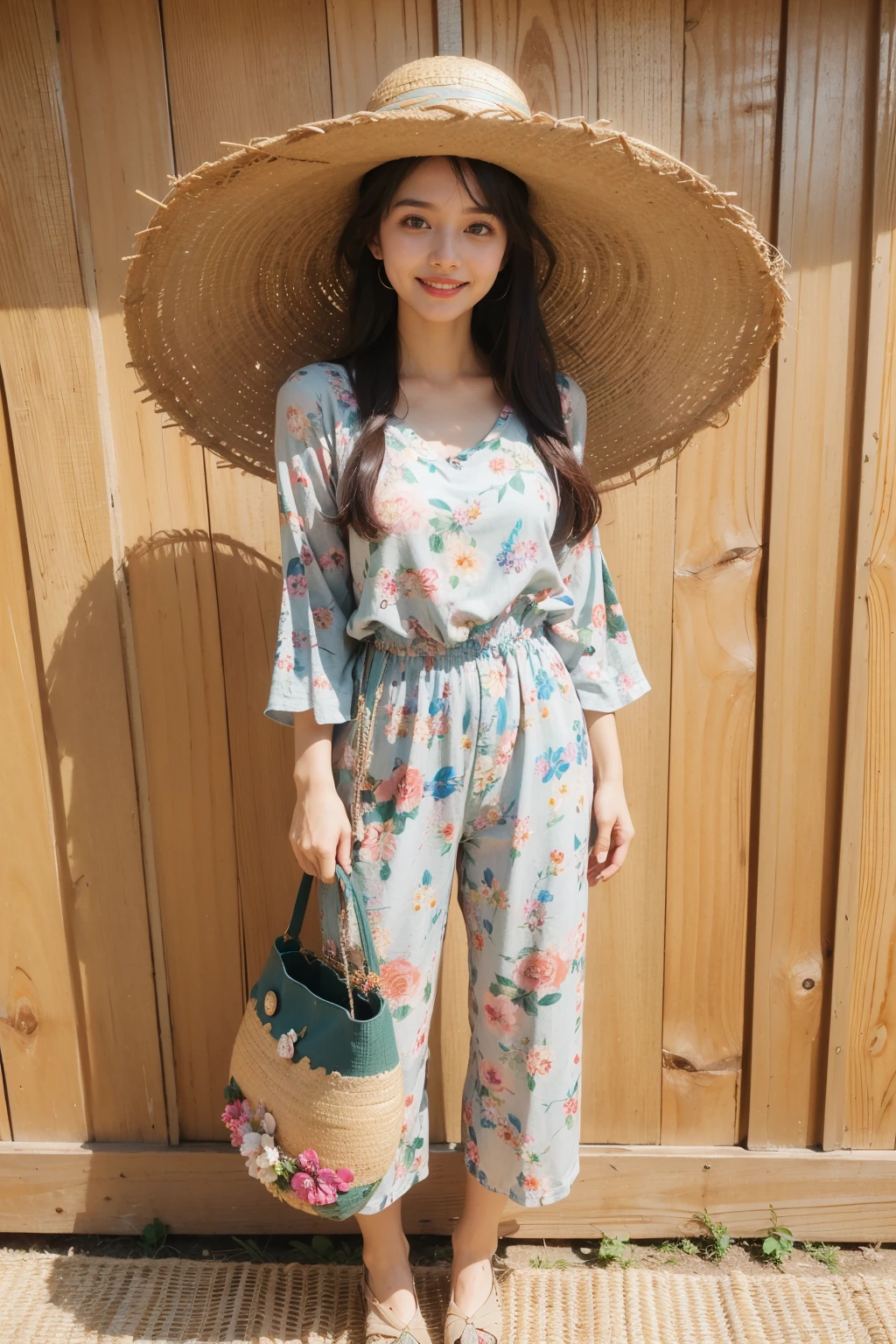 Best Quality,Masterpiece,Ultra High Resolution,(Realisticity:1.4),Original Photo,Cinematic Lighting,
1Girl,smile,full body,sea of flowers,(Floral_printed_romper:1.5),(Straw_wide-brim_hat:1.4),(Rattan_crossbody_bag:1.3), ahirusuwari