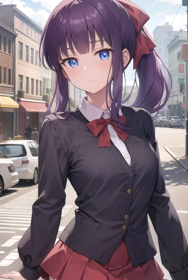 hifumitakimoto, <lora:hifumitakimoto:1>, takimoto hifumi, long hair, blush, bangs, blue eyes, ponytail, purple hair, hair bow, bow,
BREAK skirt, shirt, thighhighs, long sleeves, bow, ribbon, white shirt, pleated skirt, black thighhighs, miniskirt, zettai ryouiki, dress shirt, red skirt,
BREAK looking at viewer,
BREAK outdoors, city,
BREAK <lora:GoodHands-vanilla:1>, (masterpiece:1.2), best quality, high resolution, unity 8k wallpaper, (illustration:0.8), (beautiful detailed eyes:1.6), extremely detailed face, perfect lighting, extremely detailed CG, (perfect hands, perfect anatomy),