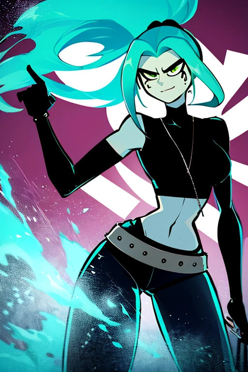 ((masterpiece,best quality)), absurdres,
<lora:Ember_McLain_Danny_Phantom:1>, Ember_McLain_Danny_Phantom, pony tail, aqua hair,
smug, goth, big belt,
blue fire and music notes in background, cinematic composition, dynamic pose,