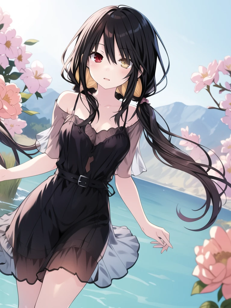 (masterpiece, best quality, highres:1.2), 1girl, solo, heterochromia,black hair,low twintails, casual clothes,short dress, long hair, cowboy shot, outdoors, flowers <lora:kurumi2:0.6>