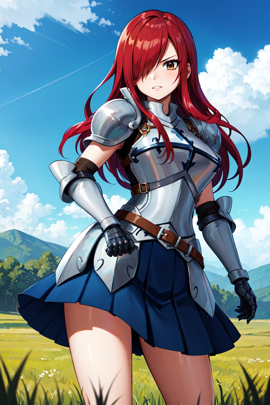 masterpiece, best quality, highres, fairy tail, 1girl, long hair, red hair, brown eyes, armor, shoulder armor, gauntlets, breastplate, armored dress, belt, pleated skirt, blue skirt, hair over one eye, <lora:erza_v1:0.8>, field, grass, standing, cowboy shot