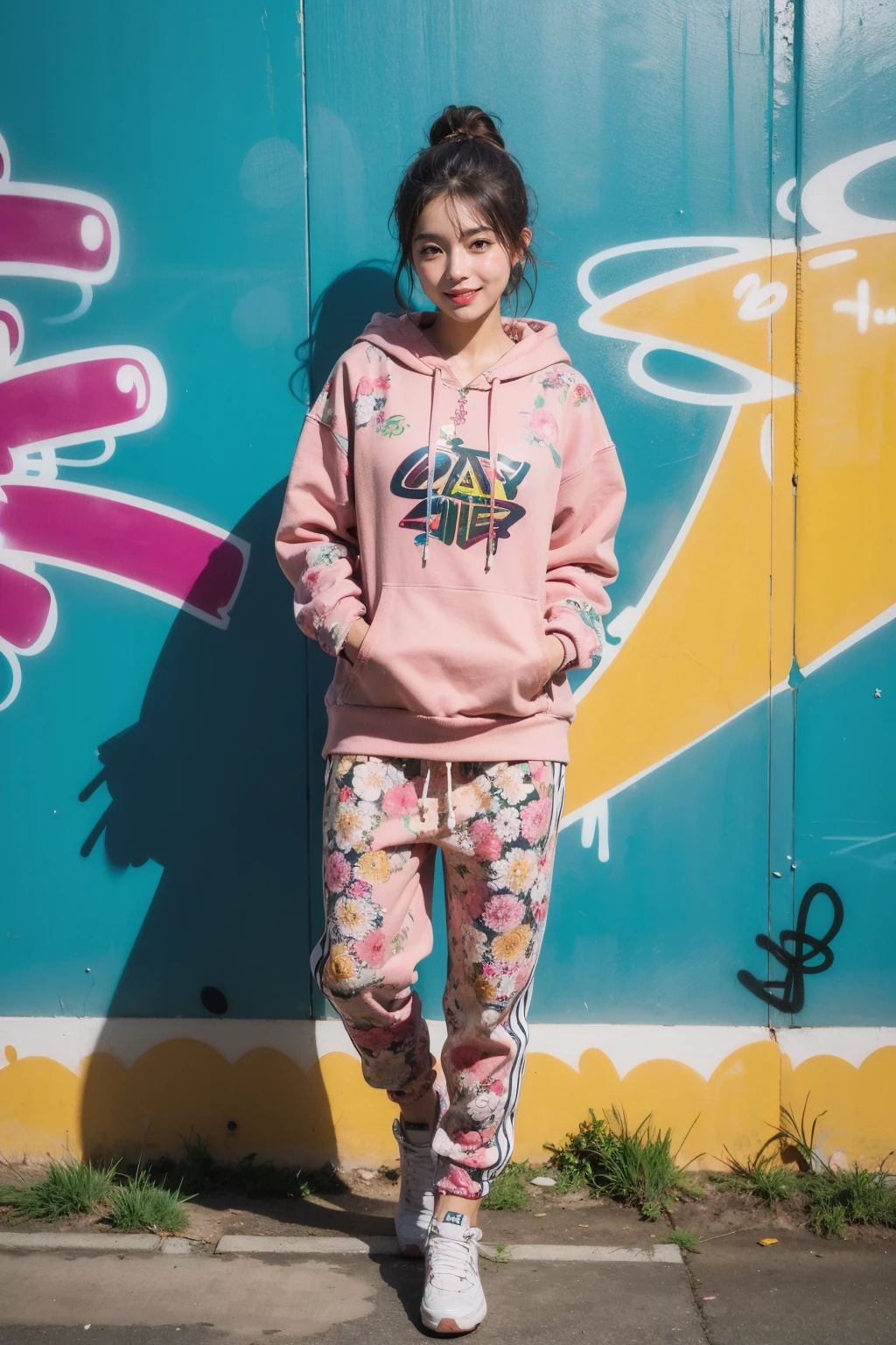 Best Quality,Masterpiece,Ultra High Resolution,(Realisticity:1.4),Original Photo,Cinematic Lighting,
1Girl,smile,full body,sea of flowers,(Graffiti_printed_hoodie:1.4),(Track_pants:1.3),(Chunky_sneakers:1.2),seaside,