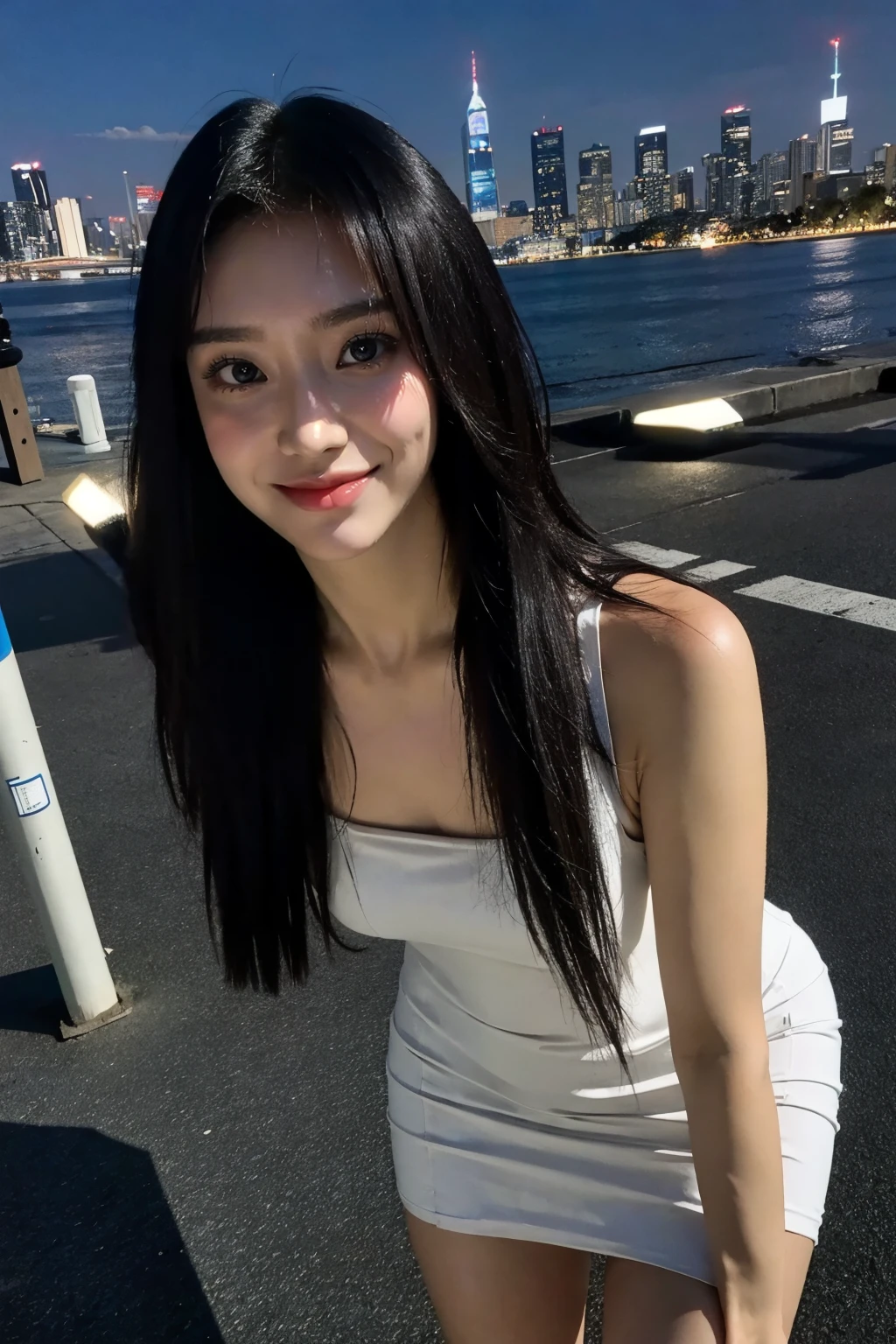 nikon RAW photo,8 k,Fujifilm XT3,close up photo, masterpiece, best quality, 1girl,solo,realistic, photorealistic, (extremely detailed face), ultra-detailed eyes and pupils, looking at viewer,  ultra detailed, serious expression, slender figure, standing against a city skyline at night, (tight dress), sleeveless, tiny waist, big hip, smile, <lora:suminlorashy:1>