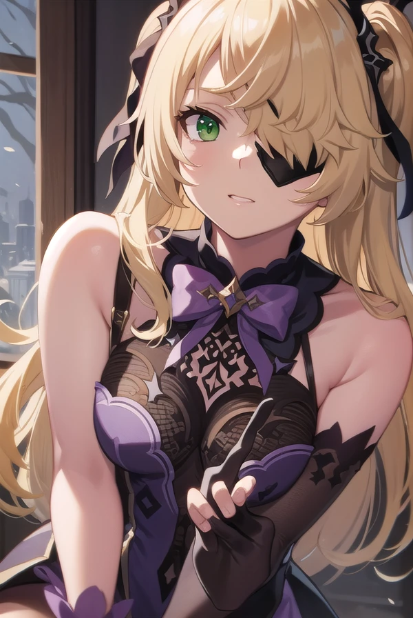 fischl, <lora:fischltest:1>,
BREAK fischl, blonde hair, (eyepatch:1.5), (green eyes:1.5), hair ribbon, long hair, one eye covered, ribbon, two side up, (small breast:1.2),
BREAK asymmetrical legwear, bare shoulders, black gloves, black ribbon, bodystocking, bow, bowtie, bridal gauntlets, dress, elbow gloves, gloves, green eyes, purple bow, purple bowtie, purple dress, ribbon, single bridal gauntlet, single glove, single leg pantyhose, sleeveless, sleeveless dress, thighhighs, uneven legwear
BREAK looking at viewer,
BREAK indoors, classroom,
BREAK <lora:GoodHands-vanilla:1>, (masterpiece:1.2), best quality, high resolution, unity 8k wallpaper, (illustration:0.8), (beautiful detailed eyes:1.6), extremely detailed face, perfect lighting, extremely detailed CG, (perfect hands, perfect anatomy),