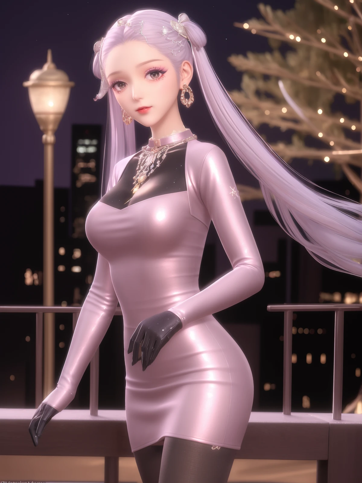 1girl, cityscape, night, looking at viewer, mature female, twintails, hair ornament, necklace, makeup, blush, pantyhose, gloves,cowboy shot,earrings,jewelry,eyeshadow, <lora:SYNN_20230723170204-000010:0.75>