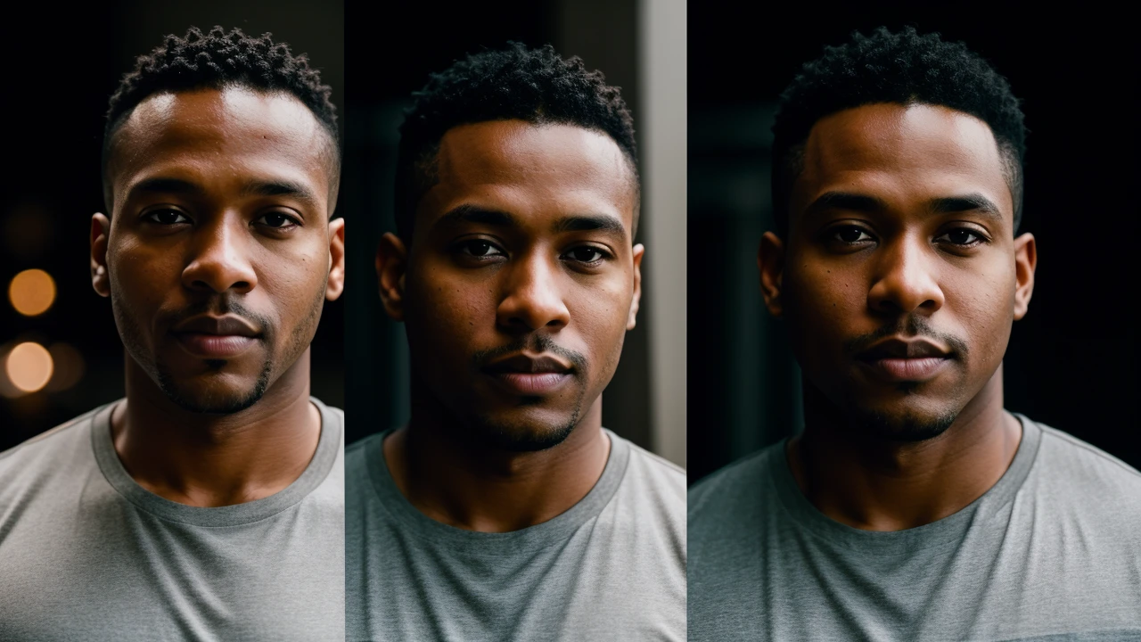 closeup portrait photos split, of 32 y.o black male, wearing gray shirt, shaved beard, brown hair, cinematic shot, dramatic lighting