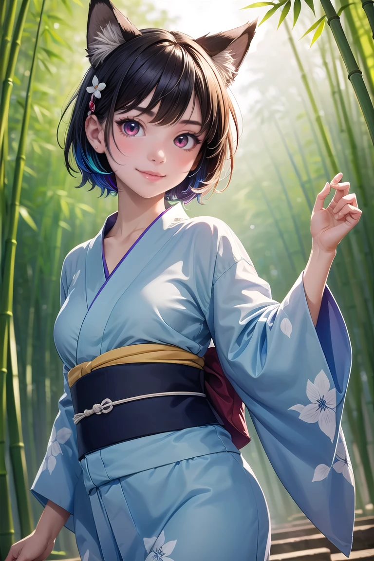 masterpiece, an extremely cute and beautiful girl, (finely detailed beautiful eyes and detailed face), 1girl, solo, cute, smile, animal ears, wolf ears, red eyes, cowboy shot, (bule detailed yukata), BREAK, Tanabata Festival, bamboo forest background,stylish pose, Atmospheric Perspective, multicolored hair, very short hair,<lora:more_details:0.3> ,<lyco:GoodHands-beta2:1.0>,