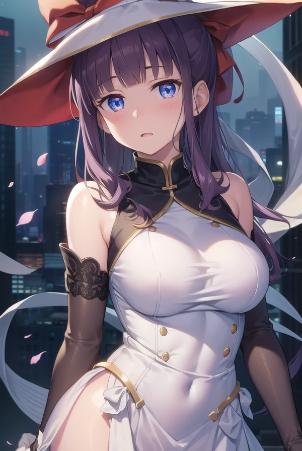 hifumitakimoto, <lora:hifumitakimoto:1>, takimoto hifumi, long hair, blush, bangs, blue eyes, ponytail, purple hair, hair bow, bow, 
BREAK gloves, hat, dress, bow, bare shoulders, sleeveless, elbow gloves, white gloves, white dress, witch hat, white headwear, pelvic curtain, side slit, low-tied long hair, large hat,
BREAK looking at viewer,
BREAK outdoors, city, 
BREAK <lora:GoodHands-vanilla:1>, (masterpiece:1.2), best quality, high resolution, unity 8k wallpaper, (illustration:0.8), (beautiful detailed eyes:1.6), extremely detailed face, perfect lighting, extremely detailed CG, (perfect hands, perfect anatomy),
