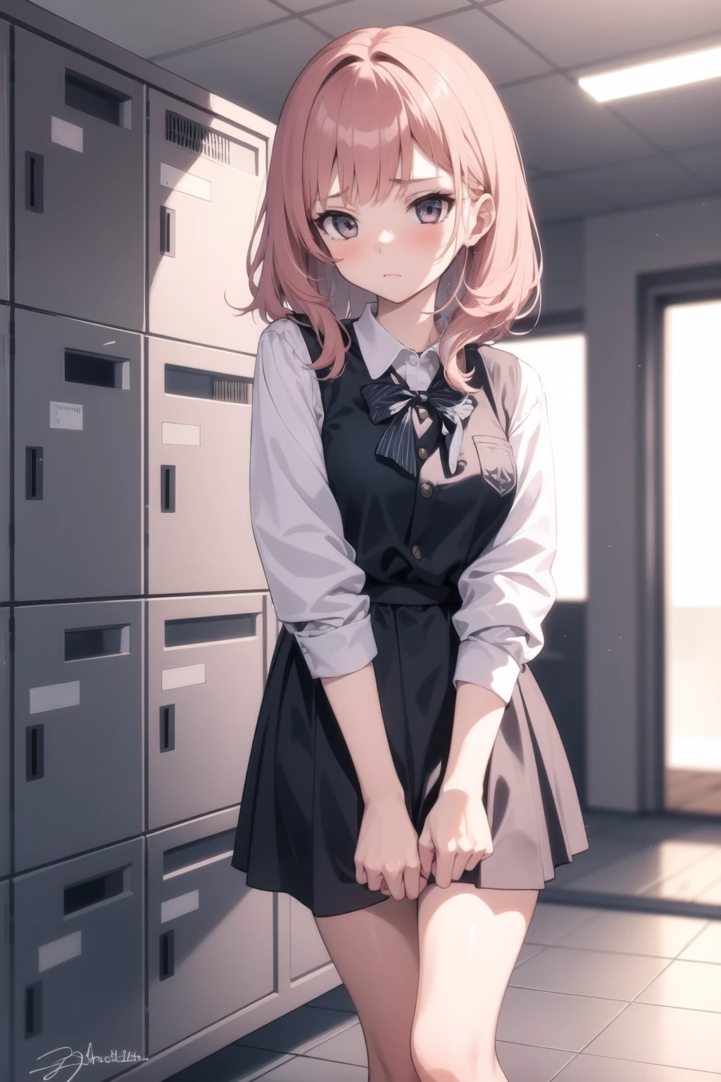 <lora:school_lockers_v0.5:1>
1girl, lockers, school uniform, white shirt, 
<lora:skirt_tug_v0.1:1> skirt tug,, masterpiece, best quality, highly detailed