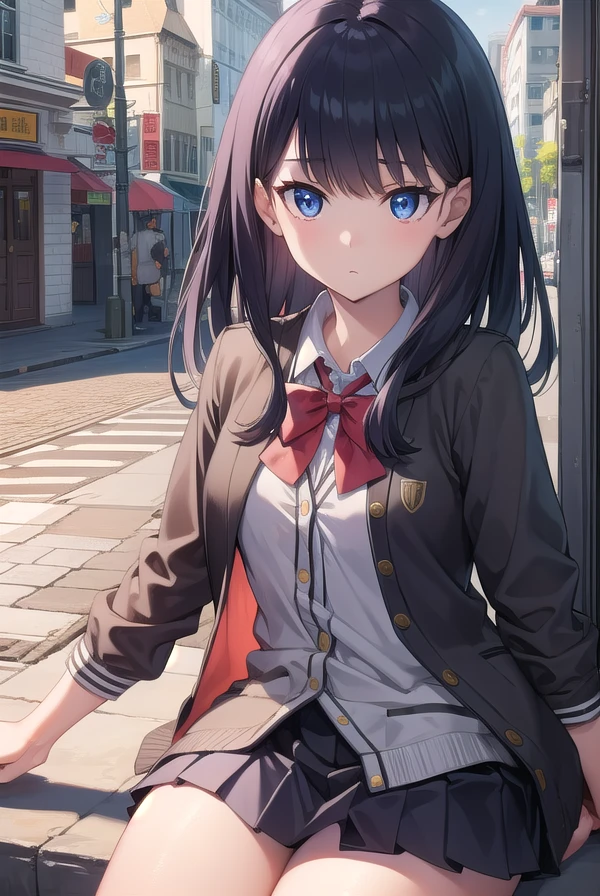 rikkatakarada, <lora:rikkatakaradatest:1>, rikka takarada, black hair, blue eyes, long hair, orange scrunchie, scrunchie, wrist scrunchie, (small breast:1.2),
BREAK black footwear, black skirt, bow, bowtie, buttons, cardigan, collared shirt, long sleeves, microskirt, pleated skirt, red bow, red bowtie, red socks, school uniform, shirt, shoes, skirt, socks, thighs, white cardigan, white shirt,
BREAK outdoors, city,
BREAK looking at viewer, 
BREAK <lora:GoodHands-vanilla:1>, (masterpiece:1.2), best quality, high resolution, unity 8k wallpaper, (illustration:0.8), (beautiful detailed eyes:1.6), extremely detailed face, perfect lighting, extremely detailed CG, (perfect hands, perfect anatomy),