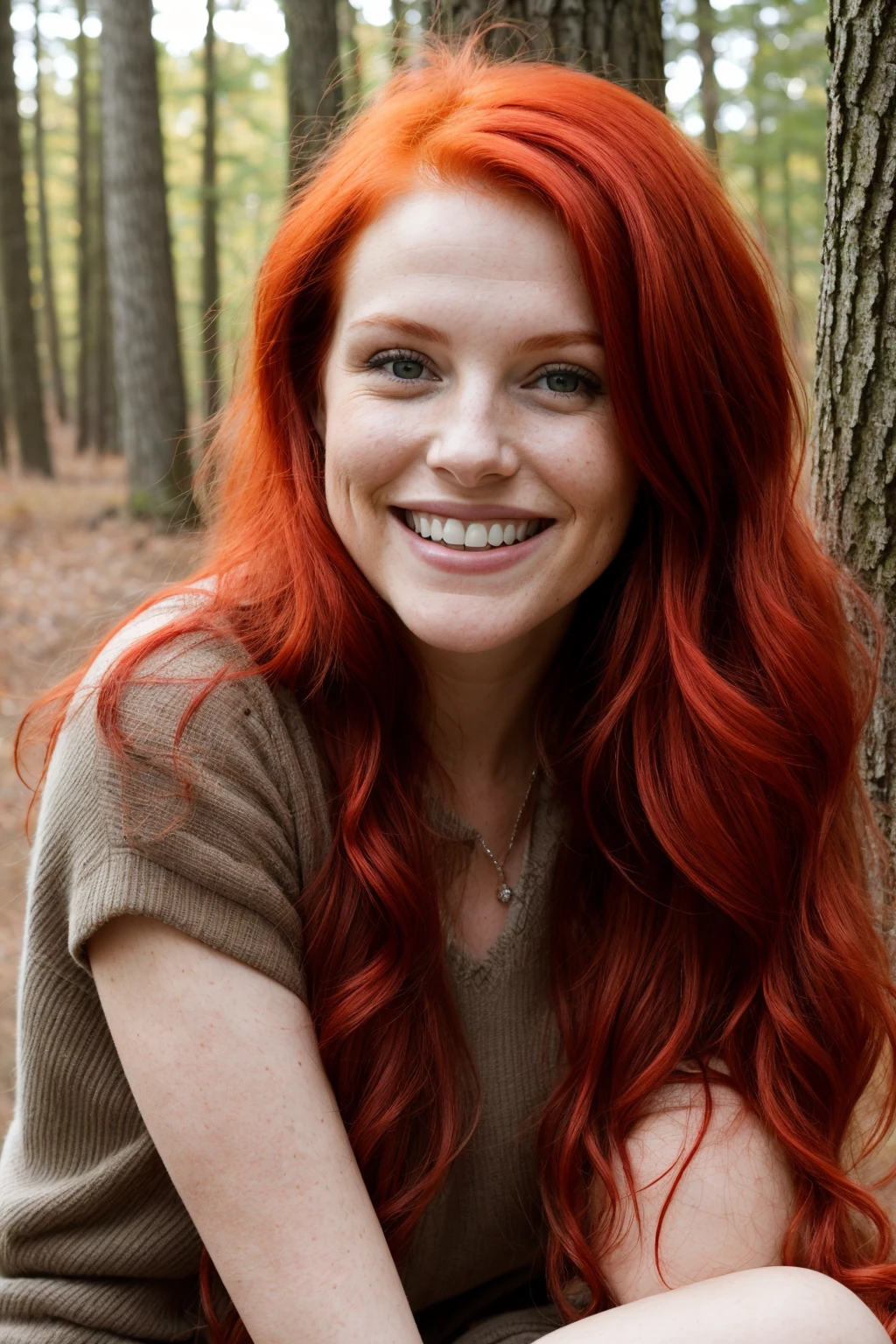 photo of a woman, red hair, smiling, in the woods <lora:zoom_slider_v1:4.5>