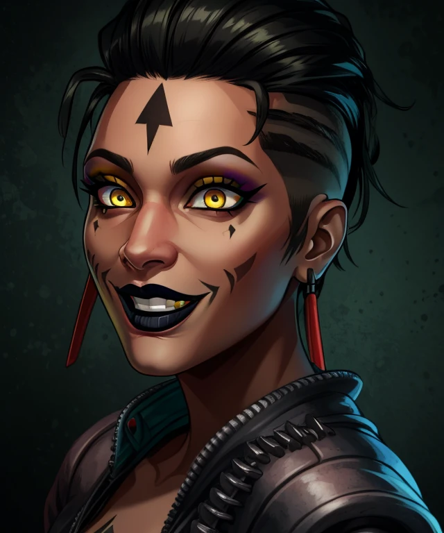 MadMaggie, hair slicked back, yellow eyes, black lips,makeup,eyeshadow, black nails, right cheek facial tattoo , solo, upper body, standing, crazy eyes, crazy smile,
prison, dark, bars,
(insanely detailed, beautiful detailed face, masterpiece, best quality) <lora:Maggie-10V2:0.8> <lora:Crazy_ExpressionsV2:0.6>