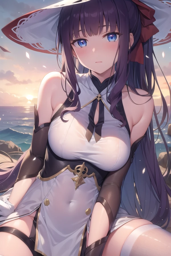 hifumitakimoto, <lora:hifumitakimoto:1>, takimoto hifumi, long hair, blush, bangs, blue eyes, ponytail, purple hair, hair bow, bow,
BREAK gloves, hat, dress, bow, bare shoulders, sleeveless, elbow gloves, white gloves, white dress, witch hat, white headwear, pelvic curtain, side slit, low-tied long hair, large hat,
BREAK looking at viewer,
BREAK outdoors, city,
BREAK <lora:GoodHands-vanilla:1>, (masterpiece:1.2), best quality, high resolution, unity 8k wallpaper, (illustration:0.8), (beautiful detailed eyes:1.6), extremely detailed face, perfect lighting, extremely detailed CG, (perfect hands, perfect anatomy),