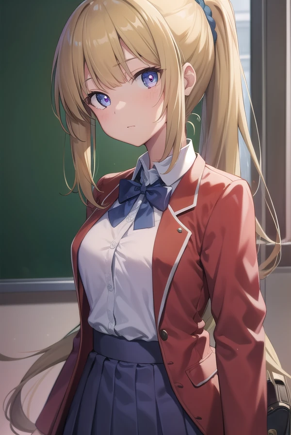 keikaruizawa, <lora:keikaruizawatest:1>, kei karuizawa, long hair, bangs, blunt bangs, (purple eyes:1.1), blonde hair, shirt, hair ornament, ponytail, scrunchie, blue scrunchie, (small breast:1.2),
BREAK skirt, shirt, bow, school uniform, jacket, (red jacket:1.2), pleated skirt, bowtie, sweater, (blue bow:1.2), (blue shirt:1.2),
BREAK indoors, classroom,
BREAK looking at viewer, BREAK <lora:GoodHands-vanilla:1>, (masterpiece:1.2), best quality, high resolution, unity 8k wallpaper, (illustration:0.8), (beautiful detailed eyes:1.6), extremely detailed face, perfect lighting, extremely detailed CG, (perfect hands, perfect anatomy),