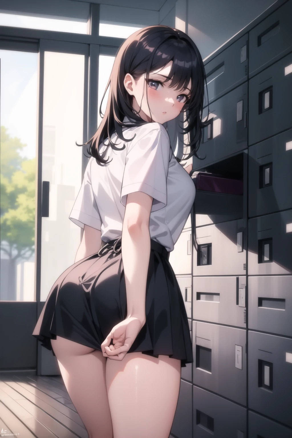 <lora:school_lockers_v0.5:1>
1girl, lockers, school uniform, white shirt, 
<lora:skirt_tug_v0.1:1> skirt tug, looking back,, masterpiece, best quality, highly detailed