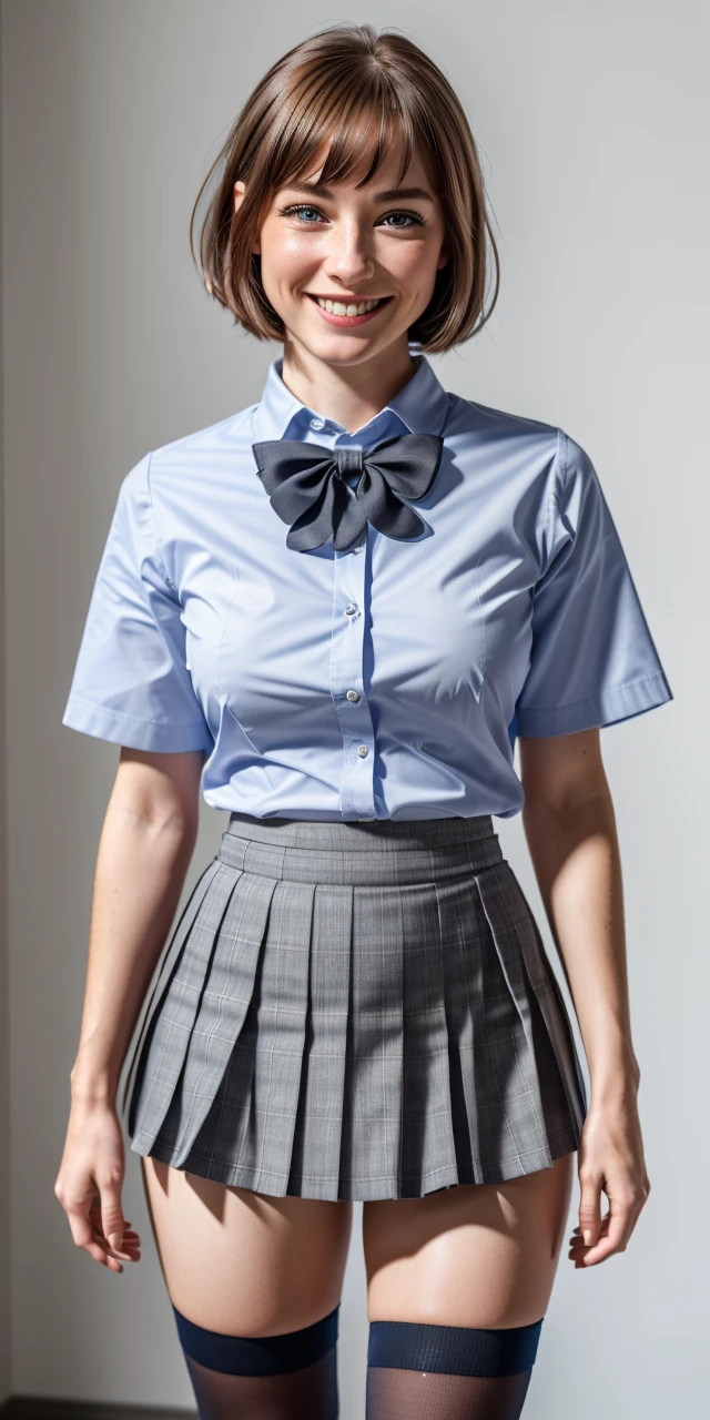 (8k, RAW photo, best quality, masterpiece:1.2), (realistic, photo-realistic:1.37), ultra-detailed,(detailed beautiful girl:1.4),1 girl, <lora:JP SCHOOL UNIFORM:0.5>JP SCHOOL UNIFORM,22 years old,(gray check skirt),looking at viewer,((full body shot)),smile,big face,mid hair