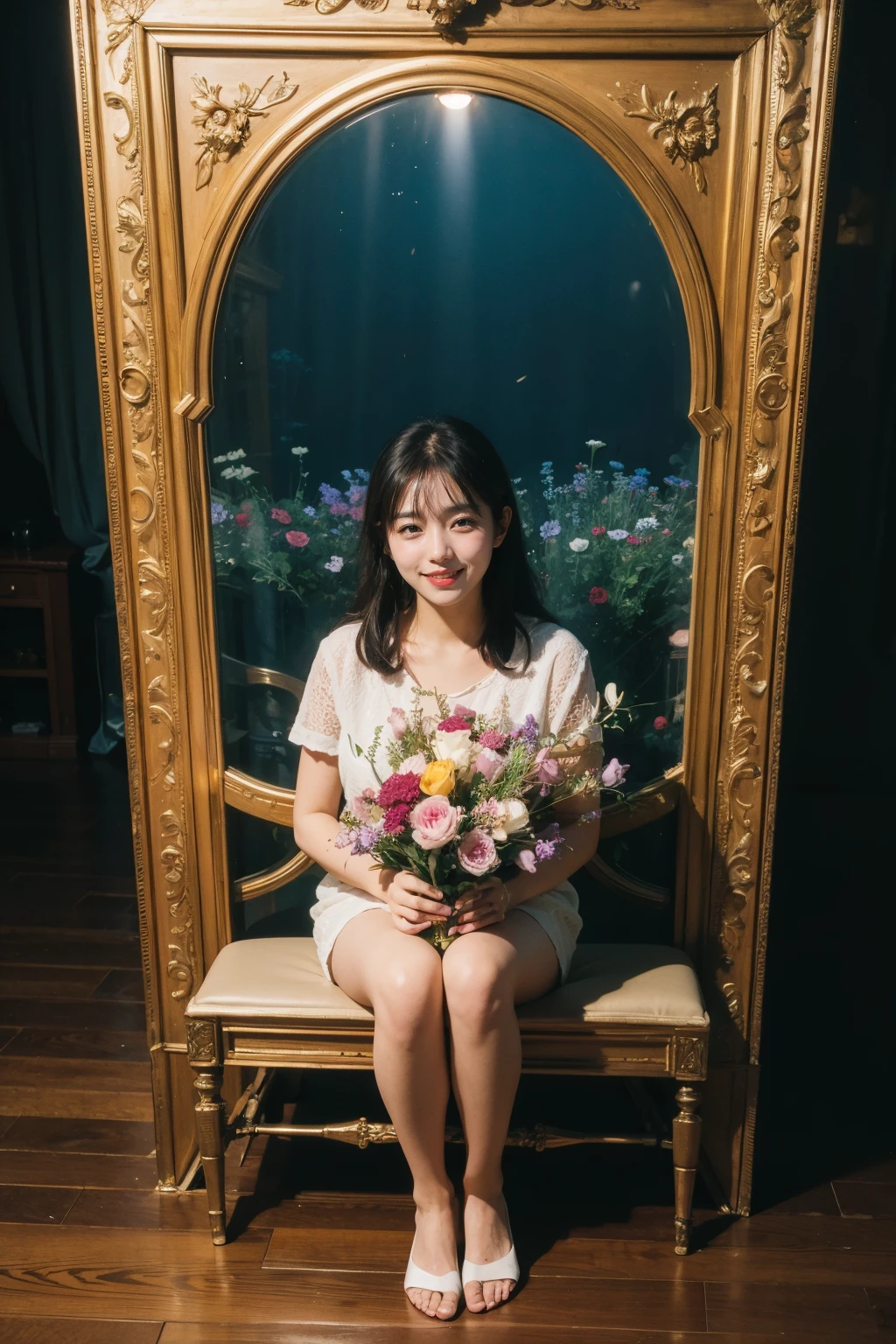 Best Quality,Masterpiece,Ultra High Resolution,(Realisticity:1.4),Original Photo,Cinematic Lighting,
1Girl,smile,full body,sea of flowers,