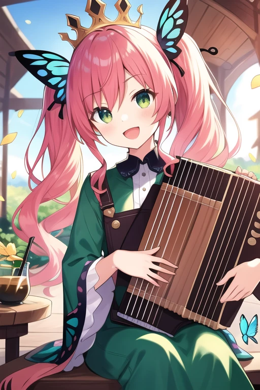 ((best quality)),((world masterpiece)),((illustration)),beautiful detailed,colourful,extremely detailed 8K wallpaper,finely detailed,dramatic light,intricate details, ((ultra-detailed)),
1girl, :d, accordion, bangs, blue_butterfly, blunt_bangs, blurry, blurry_foreground, bug, butterfly, butterfly_on_head, crown, cup, day, dress, drinking_glass, eyebrows_visible_through_hair, flower, green_dress, green_eyes, head_tilt, instrument, light_particles, light_rays, long_hair, looking_at_viewer, low_twintails, mini_crown, music, open_mouth, outdoors, petals, pinafore_dress, pink_hair, plate, playing_instrument, shiny, shiny_hair, shirt, sitting, sleeves_past_elbows, smile, solo, streamers, sunbeam, sunlight, table, twintails, yellow_shirt