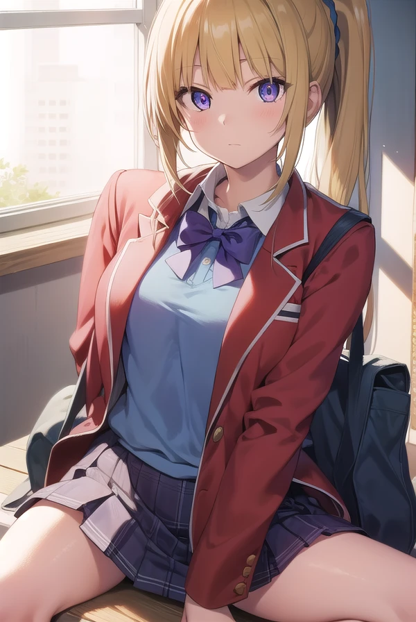 keikaruizawa, <lora:keikaruizawatest:1>, kei karuizawa, long hair, bangs, blunt bangs, (purple eyes:1.1), blonde hair, shirt, hair ornament, ponytail, scrunchie, blue scrunchie, (small breast:1.2),
BREAK skirt, shirt, bow, school uniform, jacket, (red jacket:1.2), pleated skirt, bowtie, sweater, (blue bow:1.2), (blue shirt:1.2),
BREAK indoors, classroom,
BREAK looking at viewer, BREAK <lora:GoodHands-vanilla:1>, (masterpiece:1.2), best quality, high resolution, unity 8k wallpaper, (illustration:0.8), (beautiful detailed eyes:1.6), extremely detailed face, perfect lighting, extremely detailed CG, (perfect hands, perfect anatomy),