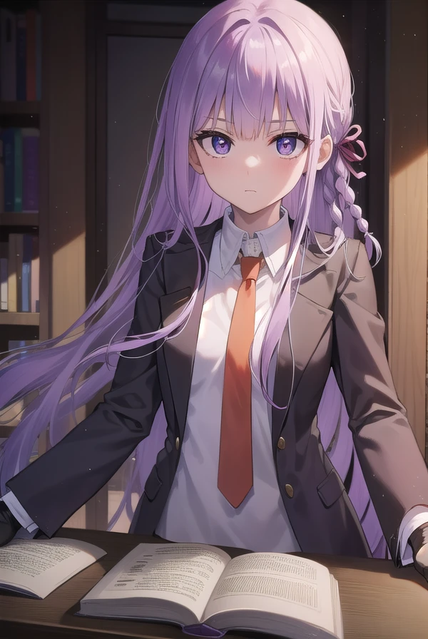 kyokokirigiri, <lora:kyokokirigiritest:1>, kyoko kirigiri, (braid:1.1), hair behind ear, long hair, (side braid:1.1), light purple hair, hair ribbon, ribbon, (purple eyes:1.1), (small breast:1.2),
BREAK black gloves, brown necktie, collared shirt, gloves, jacket, necktie, orange necktie, shirt, side braid, white shirt,
BREAK indoors, classroom,
BREAK looking at viewer,
BREAK <lora:GoodHands-vanilla:1>, (masterpiece:1.2), best quality, high resolution, unity 8k wallpaper, (illustration:0.8), (beautiful detailed eyes:1.6), extremely detailed face, perfect lighting, extremely detailed CG, (perfect hands, perfect anatomy),