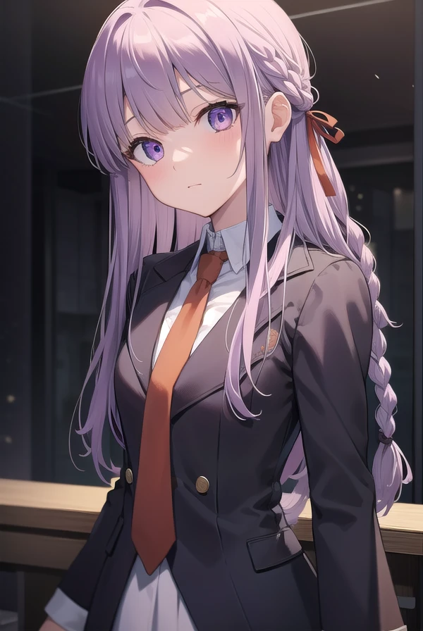 kyokokirigiri, <lora:kyokokirigiritest:1>, kyoko kirigiri, (braid:1.1), hair behind ear, long hair, (side braid:1.1), light purple hair, hair ribbon, ribbon, (purple eyes:1.1), (small breast:1.2),
BREAK black gloves, brown necktie, collared shirt, gloves, jacket, necktie, orange necktie, shirt, side braid, white shirt,
BREAK indoors, classroom,
BREAK looking at viewer,
BREAK <lora:GoodHands-vanilla:1>, (masterpiece:1.2), best quality, high resolution, unity 8k wallpaper, (illustration:0.8), (beautiful detailed eyes:1.6), extremely detailed face, perfect lighting, extremely detailed CG, (perfect hands, perfect anatomy),