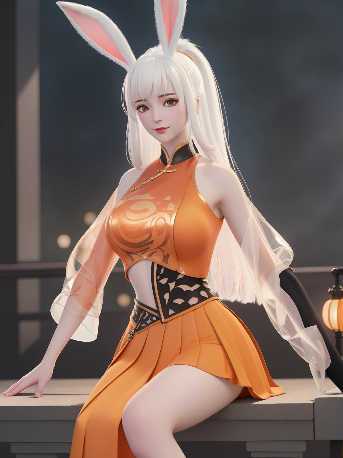 1girl,long white hair,mature female,looking at viewer,(cityscape:1.1),night,rabbit ears,orange crop top,skirt,single black glove,orange skirt,ponytail,asymmetrical see-through sleeves,belt,collar,chinese clothes,pleated skirt,cowboy shot,sitting,chair,makeup,blush,light smile,metal trim,navel, <lora:GSLguofeng_20230723155619-000015:0.75>,east asian architecture, lantern,