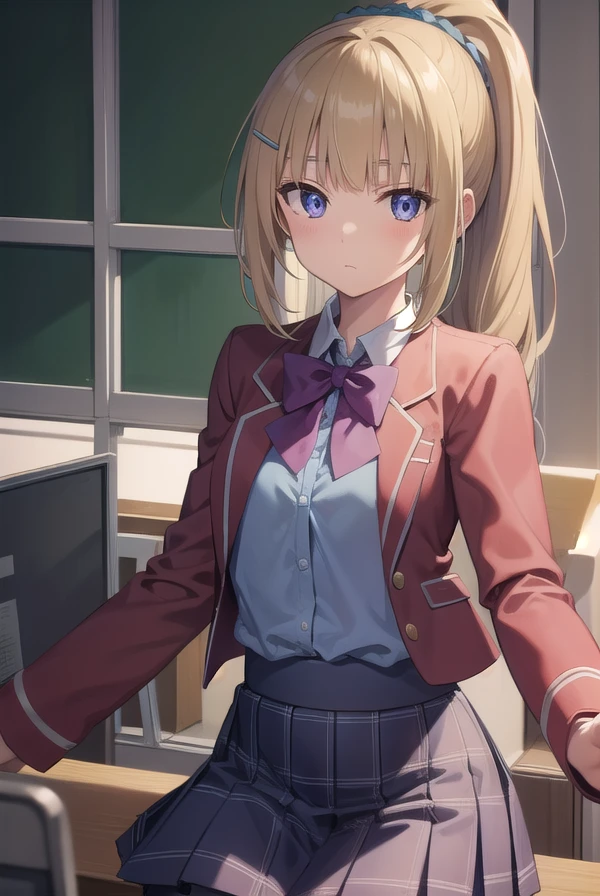 keikaruizawa, <lora:keikaruizawatest:1>, kei karuizawa, long hair, bangs, blunt bangs, (purple eyes:1.1), blonde hair, shirt, hair ornament, ponytail, scrunchie, blue scrunchie, (small breast:1.2),
BREAK skirt, shirt, bow, school uniform, jacket, (red jacket:1.2), pleated skirt, bowtie, sweater, (blue bow:1.2), (blue shirt:1.2),
BREAK indoors, classroom,
BREAK looking at viewer, BREAK <lora:GoodHands-vanilla:1>, (masterpiece:1.2), best quality, high resolution, unity 8k wallpaper, (illustration:0.8), (beautiful detailed eyes:1.6), extremely detailed face, perfect lighting, extremely detailed CG, (perfect hands, perfect anatomy),