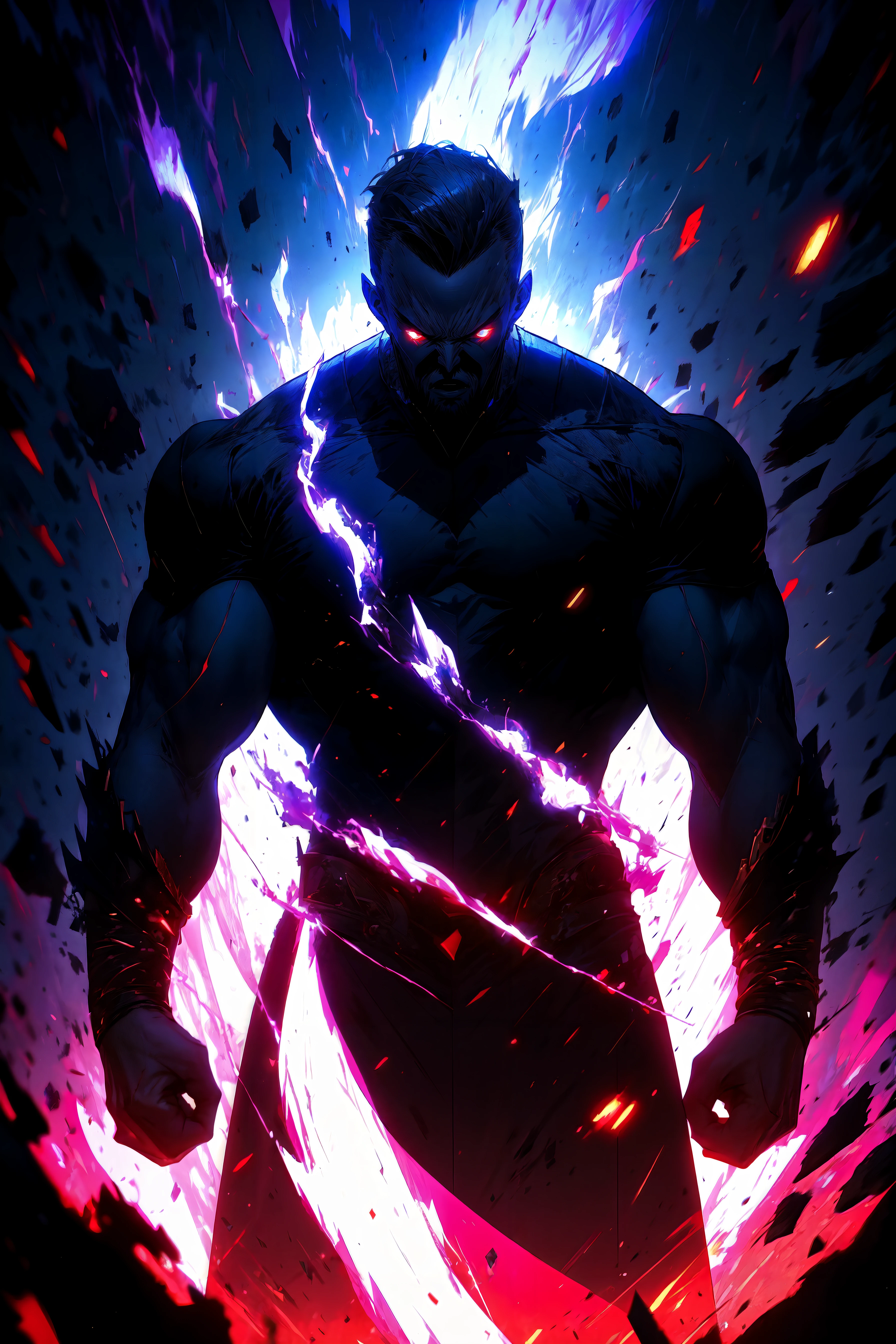 masterpiece, best quality, ultra high res, beautiful, visually stunning, elegant, incredible details, award-winning painting, (dark art:1.1), deep shadow, (dark theme:1.2), <lora:r1ge - AnimeRage-000011:1>, r1ge, angry, glowing, aura, flying debris, flying fragments, 1boy, muscular male, torn clothes, short hair, beard,