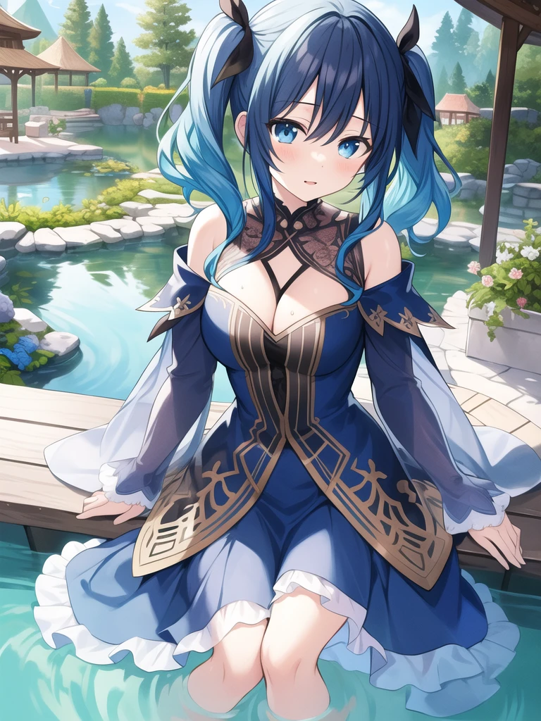 ((best quality)),((world masterpiece)),((illustration)),beautiful detailed,colourful,extremely detailed 8K wallpaper,finely detailed,dramatic light,intricate details, ((ultra-detailed)),
1girl, blue_dress, blue_eyes, blue_hair, blush, dress, long_sleeves, outdoors, pond, short_hair, sitting, soaking_feet, solo, twintails, two_side_up, water