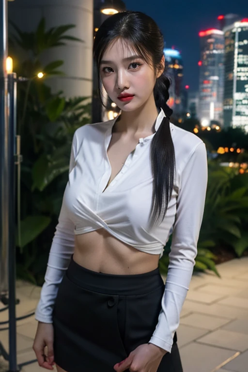 nikon RAW photo,8 k,Fujifilm XT3,close up photo, masterpiece, best quality, 1girl,solo,realistic, photorealistic, (extremely detailed face), looking at viewer, ultra-detailed eyes and pupils, ultra detailed, high ponytail, serious expression, standing against a city skyline at night, business suits,shirts,Suit skirt, (((abs))), <lora:joylorashy:1>