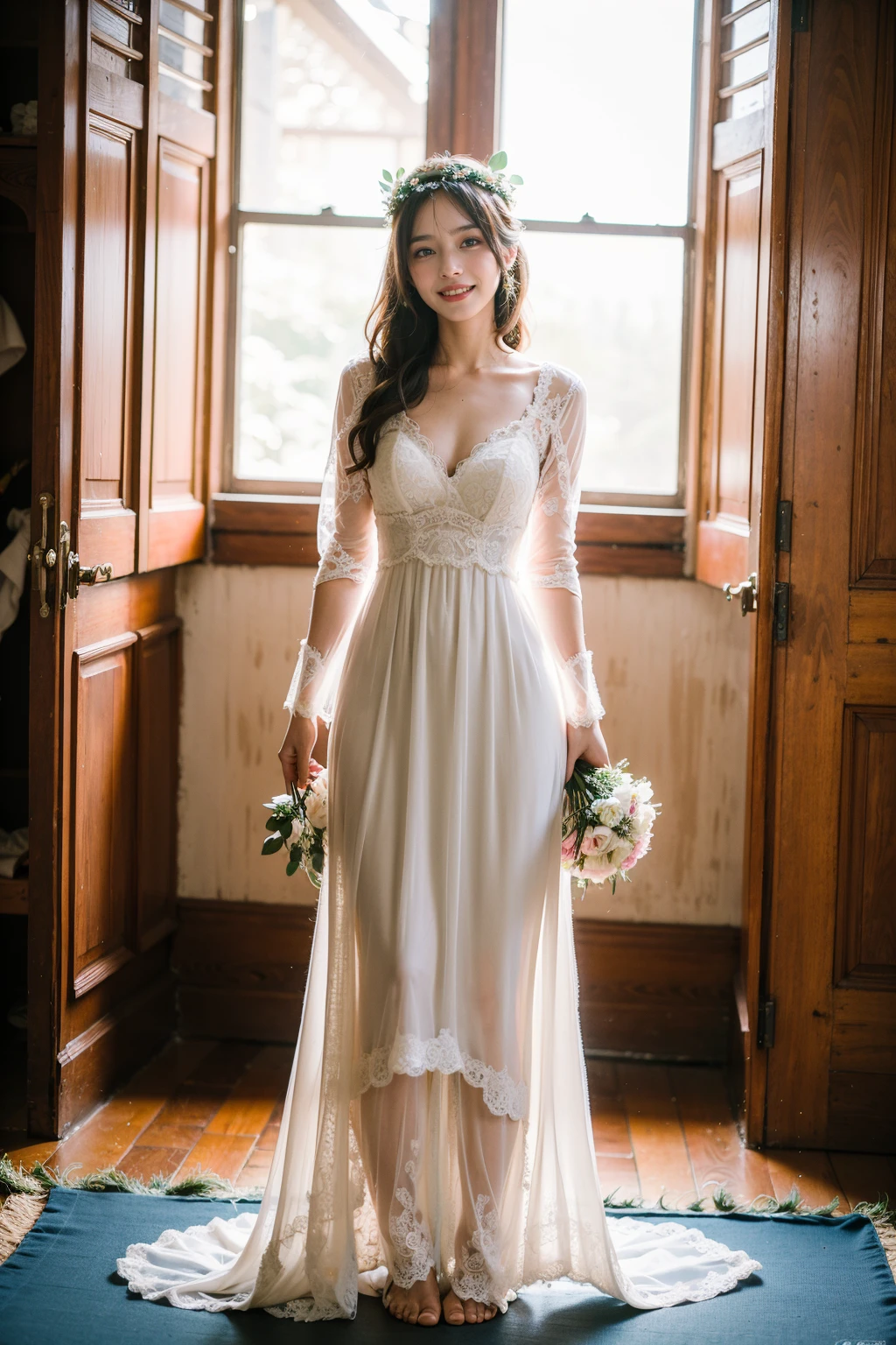 Best Quality,Masterpiece,Ultra High Resolution,(Realisticity:1.4),Original Photo,Cinematic Lighting,
1Girl,smile,backlighting,contrast,bokeh,depth of field,(Bohemian_wedding_gown:1.4),(Flower_crown:1.3),(Barefoot_sandals:1.2),full body,