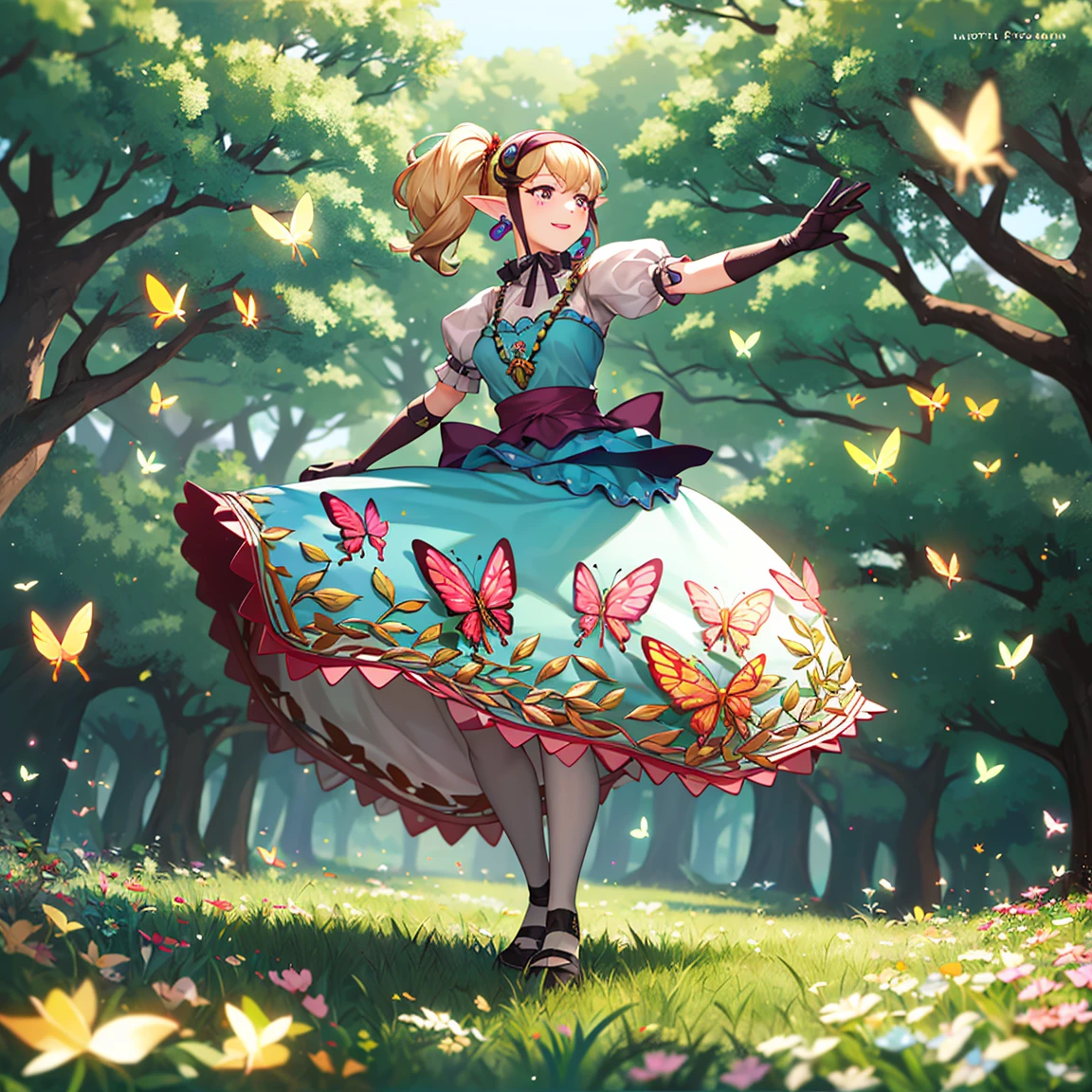 ((masterpiece,best quality)), absurdres,
<lora:Agitha_Zelda:0.7>, Agitha_Zelda, 1girl, solo, happy,
forest, flowers, and butterflies in background, cinematic composition, dynamic pose,