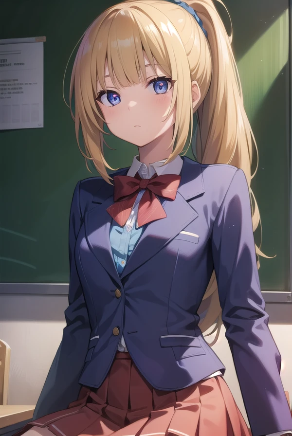 keikaruizawa, <lora:keikaruizawatest:1>, kei karuizawa, long hair, bangs, blunt bangs, (purple eyes:1.1), blonde hair, shirt, hair ornament, ponytail, scrunchie, blue scrunchie, (small breast:1.2),
BREAK skirt, shirt, bow, school uniform, jacket, (red jacket:1.2), pleated skirt, bowtie, sweater, (blue bow:1.2), (blue shirt:1.2),
BREAK indoors, classroom,
BREAK looking at viewer, BREAK <lora:GoodHands-vanilla:1>, (masterpiece:1.2), best quality, high resolution, unity 8k wallpaper, (illustration:0.8), (beautiful detailed eyes:1.6), extremely detailed face, perfect lighting, extremely detailed CG, (perfect hands, perfect anatomy),