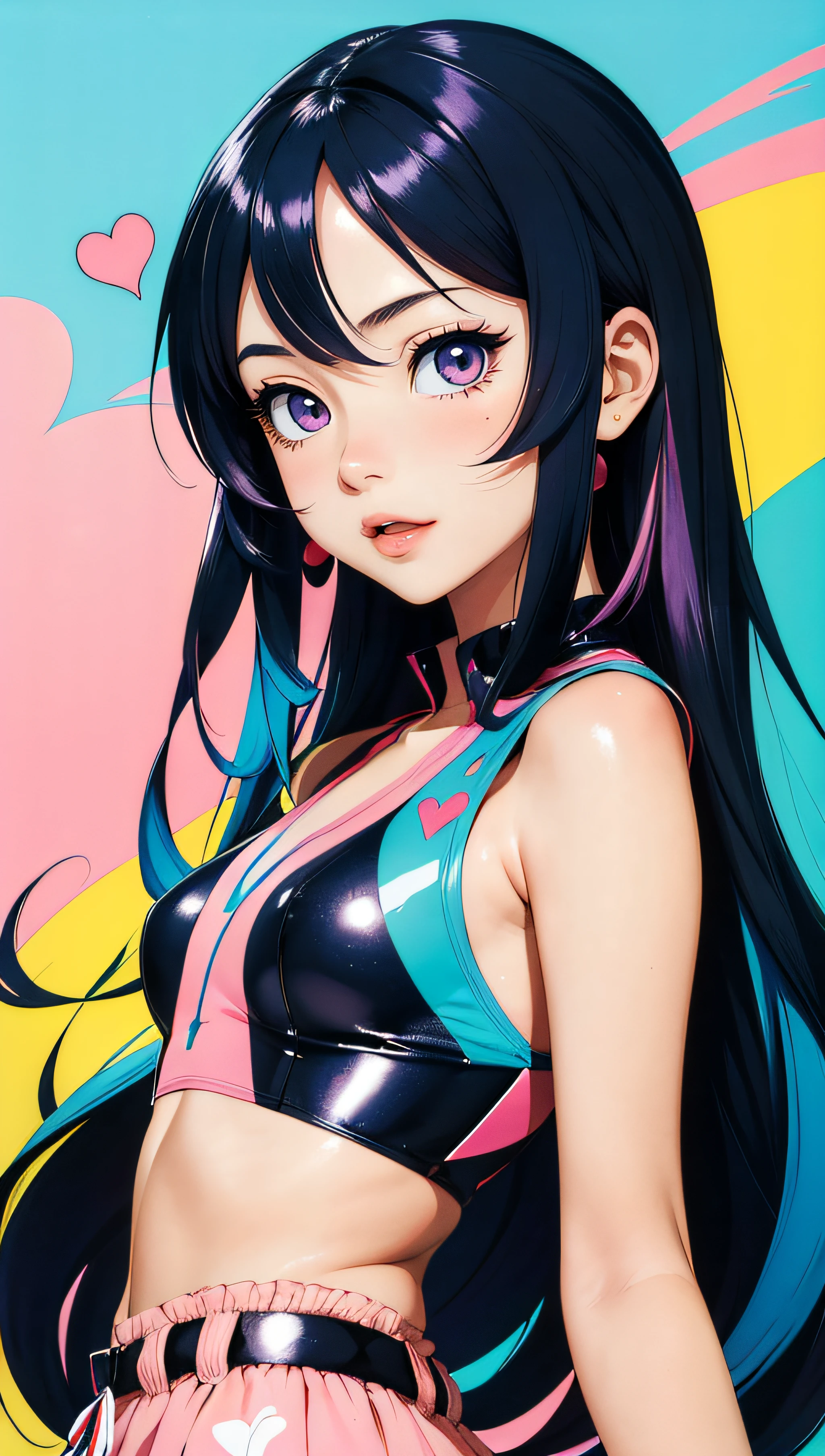 1girl solo black hair long hair polka dot hands on hips hairband <lora:DuckCute2:1.0>
