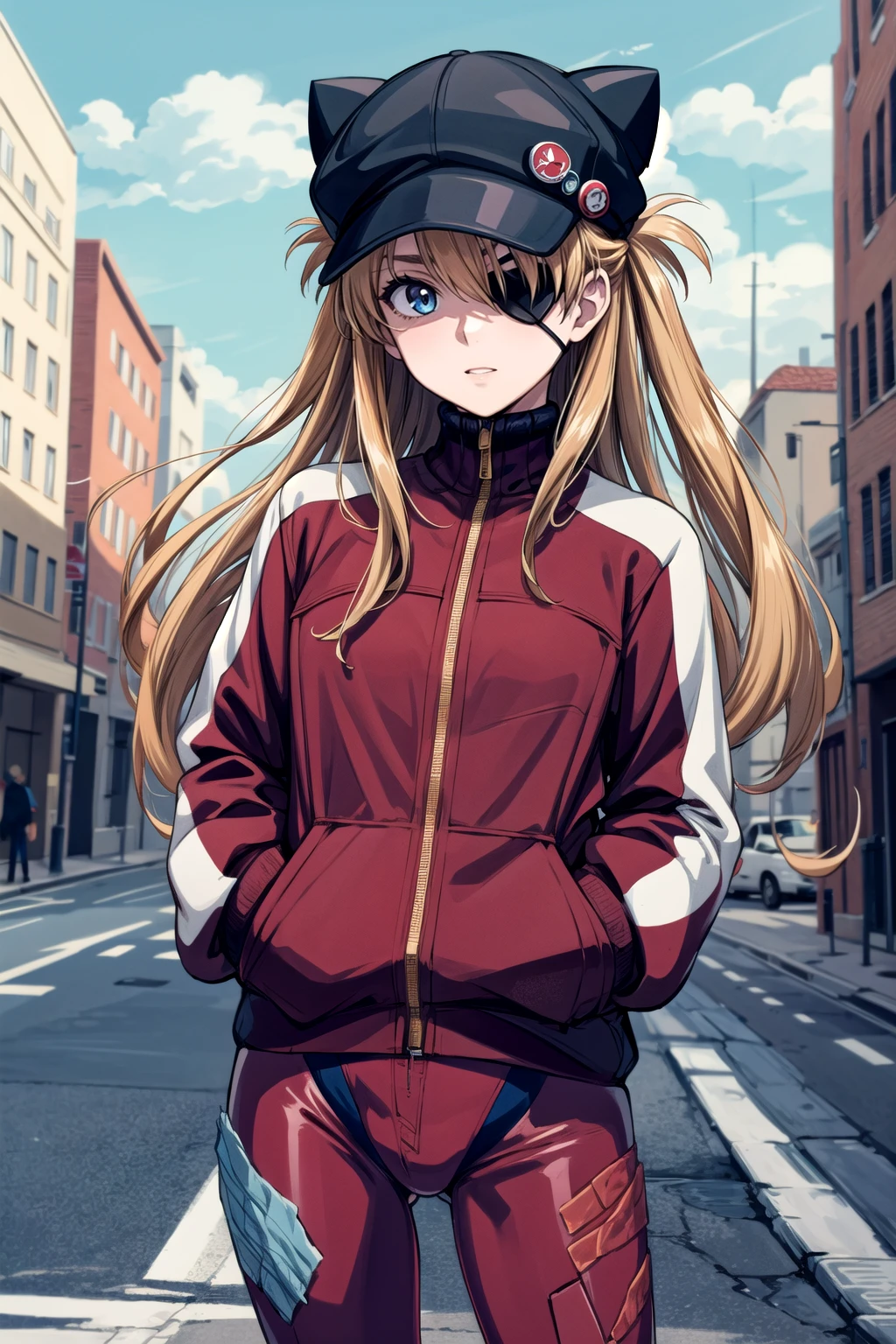 (masterpiece, best quality, detailed), 1girl, solo, outdoors, blue sky, cowboy shot,
souryuu asuka langley, red jacket, bodysuit under clothes, cat hat, eyepatch, hands in pockets, (tape) <lora:AsukaLangleySouryuuV2-000015:1> <lora:more_details:0.5>