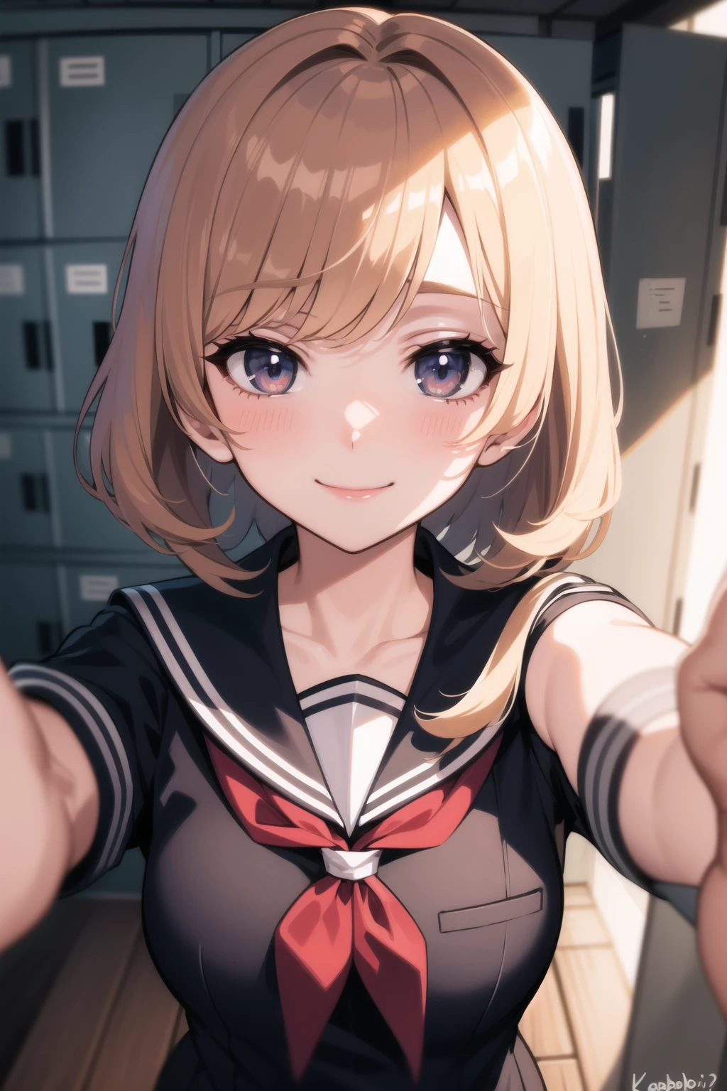 <lora:school_lockers_v0.5:1>
1girl, lockers, school uniform, blue sailor collar, red neckerchief, pov, kabedon, smile, foreshortening,, masterpiece, best quality, highly detailed