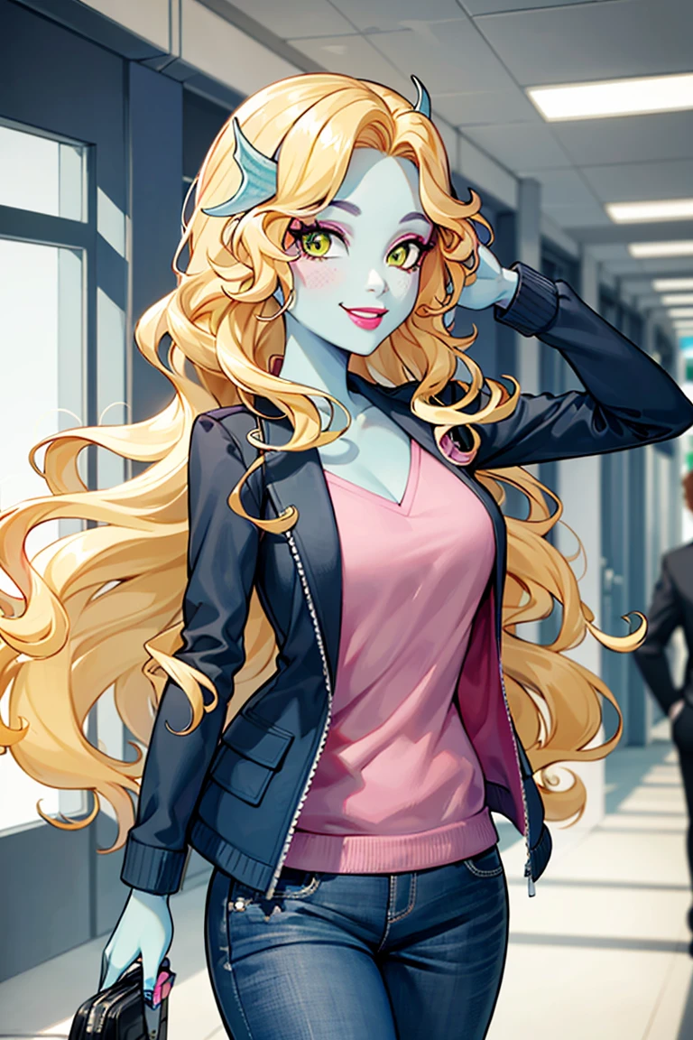 ((masterpiece,best quality)), absurdres,
<lora:Lagoona_Blue_MH:0.5>, Lagoona_Blue_MH, solo,  blue skin, black jacket, pink shirt, blonde hair, upper body, detailed face, 
smiling,
school hallway in background, cinematic composition,