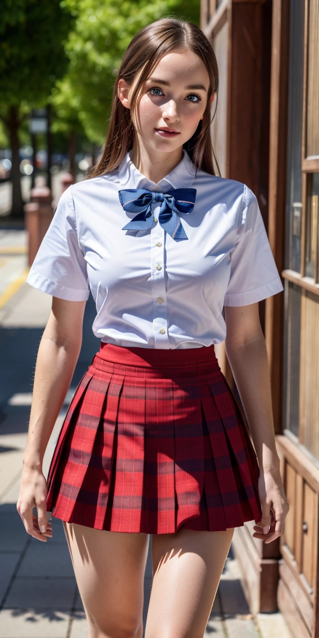 (8k, RAW photo, best quality, masterpiece:1.2), (realistic, photo-realistic:1.37), ultra-detailed,(detailed beautiful girl:1.4),1 girl, <lora:JP SCHOOL UNIFORM:0.4>JP SCHOOL UNIFORM,, 22 years old,red check skirt,looking at viewer,((full body shot))